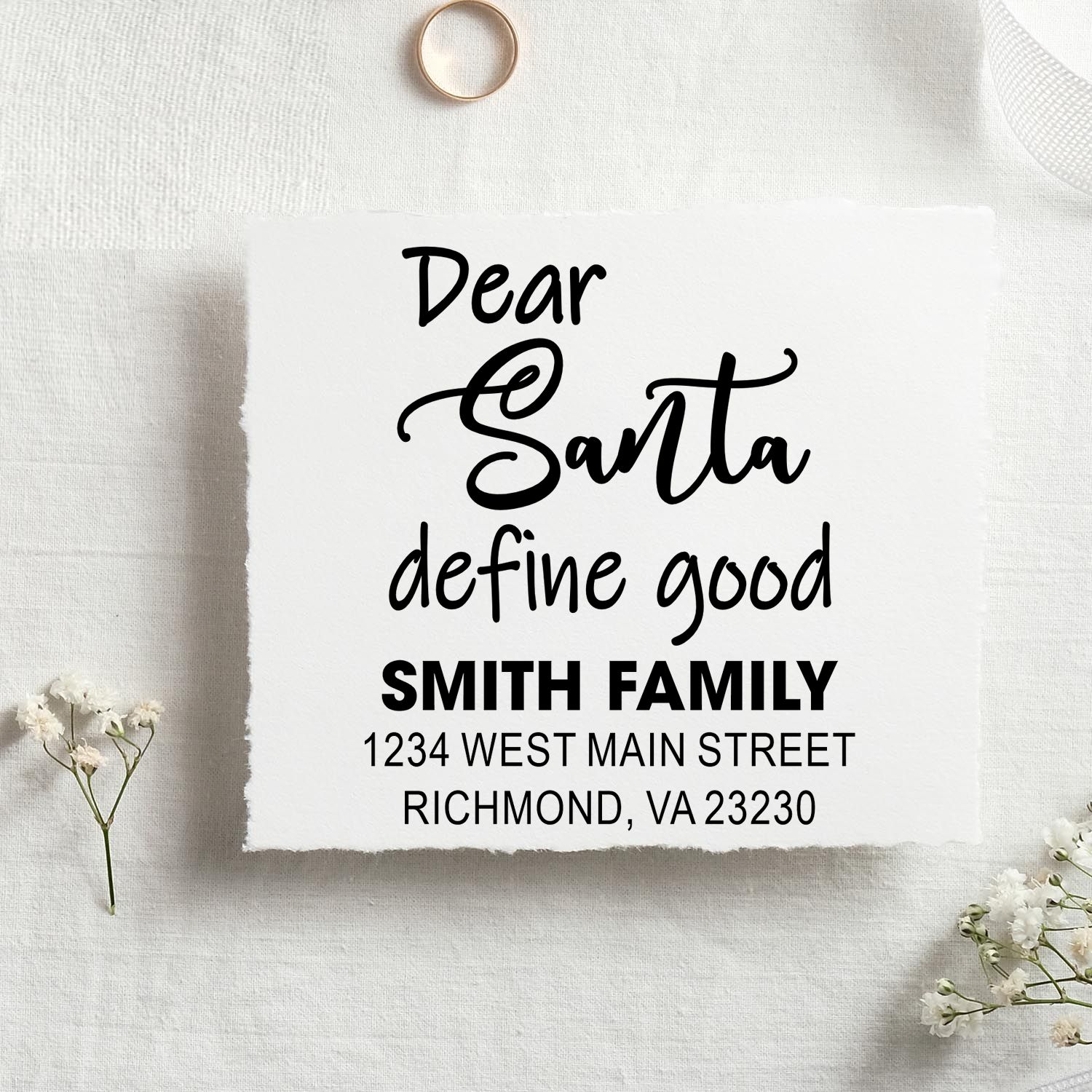 Custom Dear Santa rubber stamp with Smith family return address, perfect for holiday cards and Christmas mail.