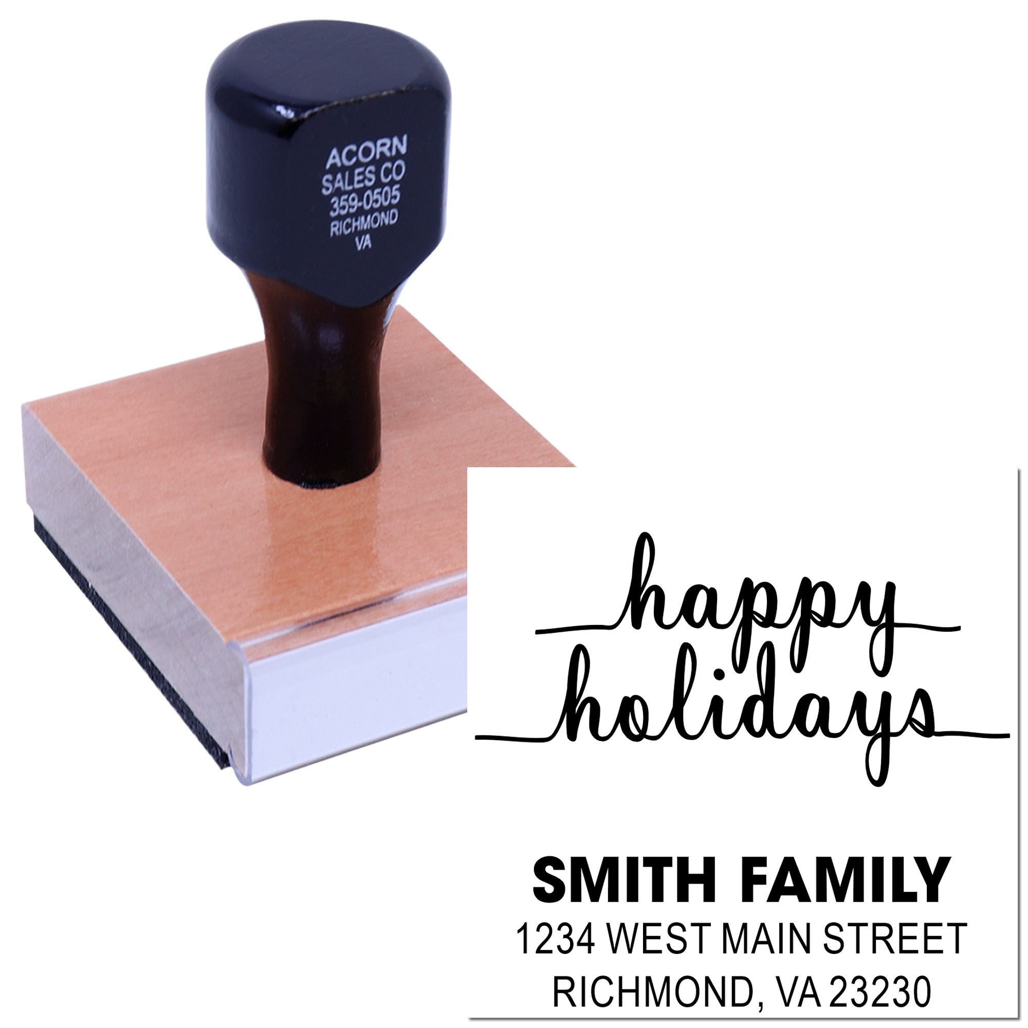 Custom rubber stamp with wood handle displaying personalized holiday and address stamp designs for family or business use.