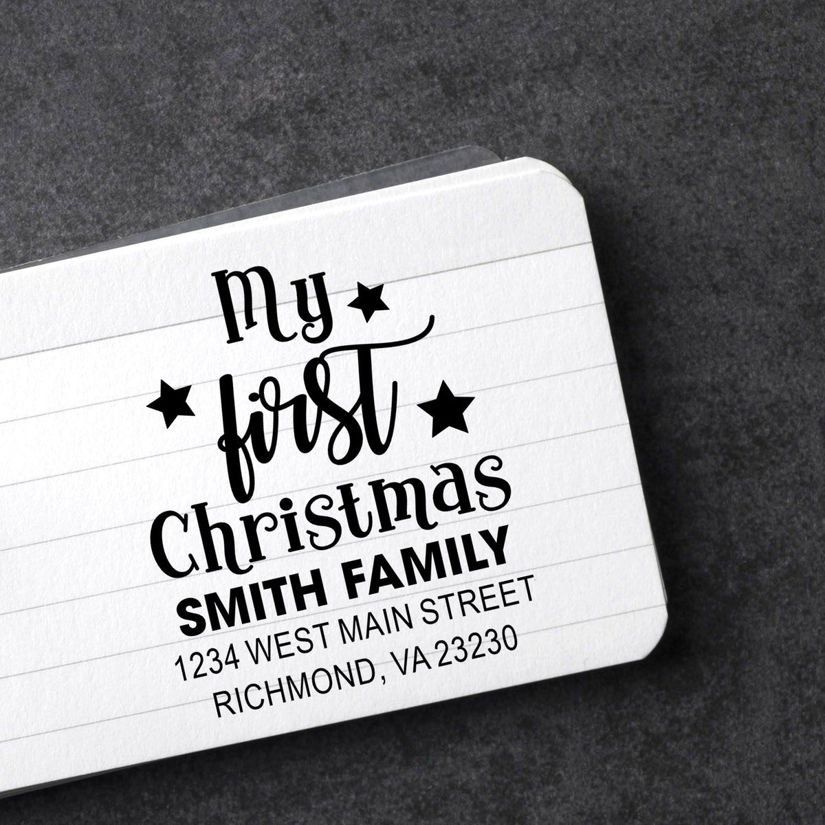 Custom Christmas address rubber stamp with My First Christmas design for the Smith family, perfect for holiday cards and gifts.