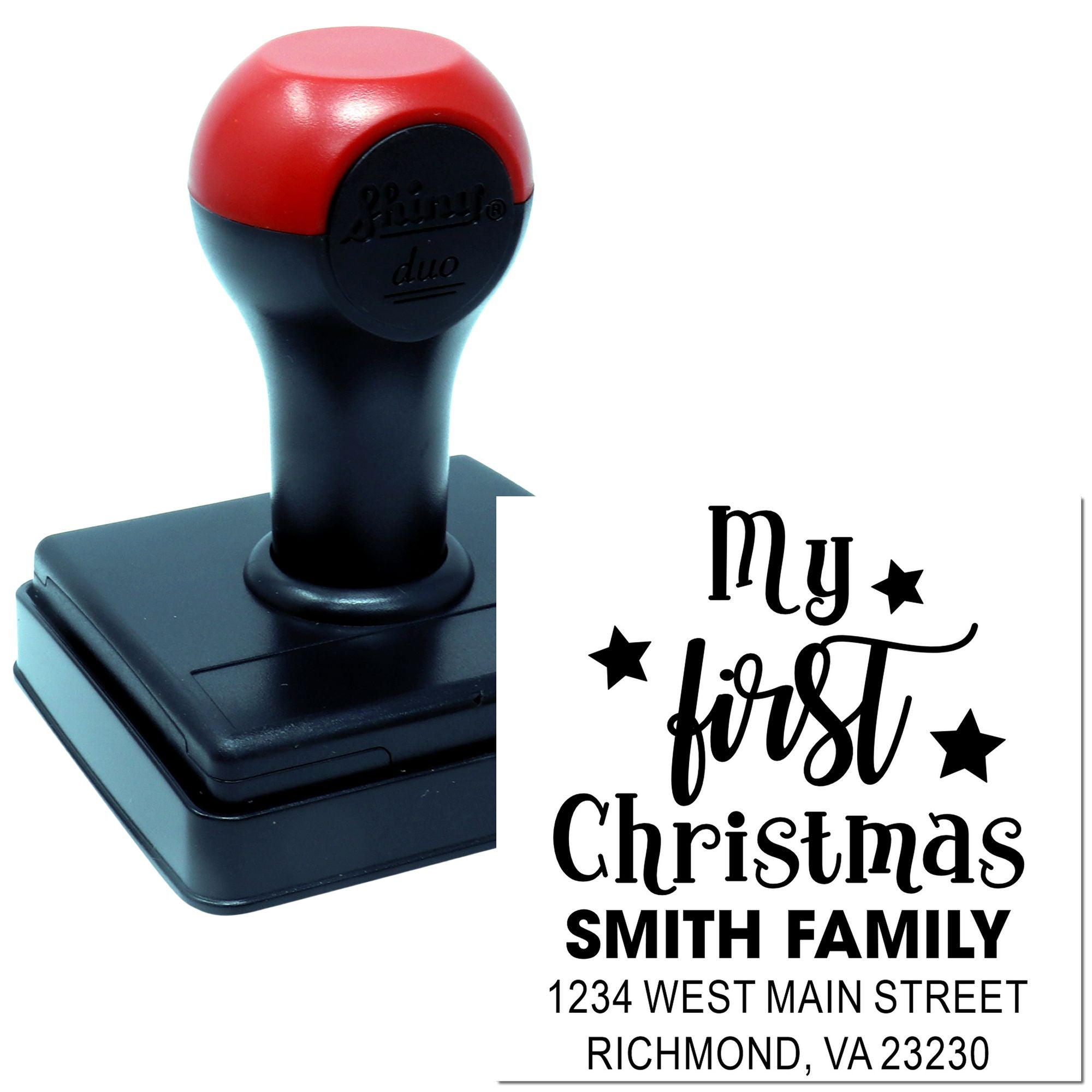 Custom self-inking rubber stamp for Christmas cards with My First Christmas design and Smith family return address.