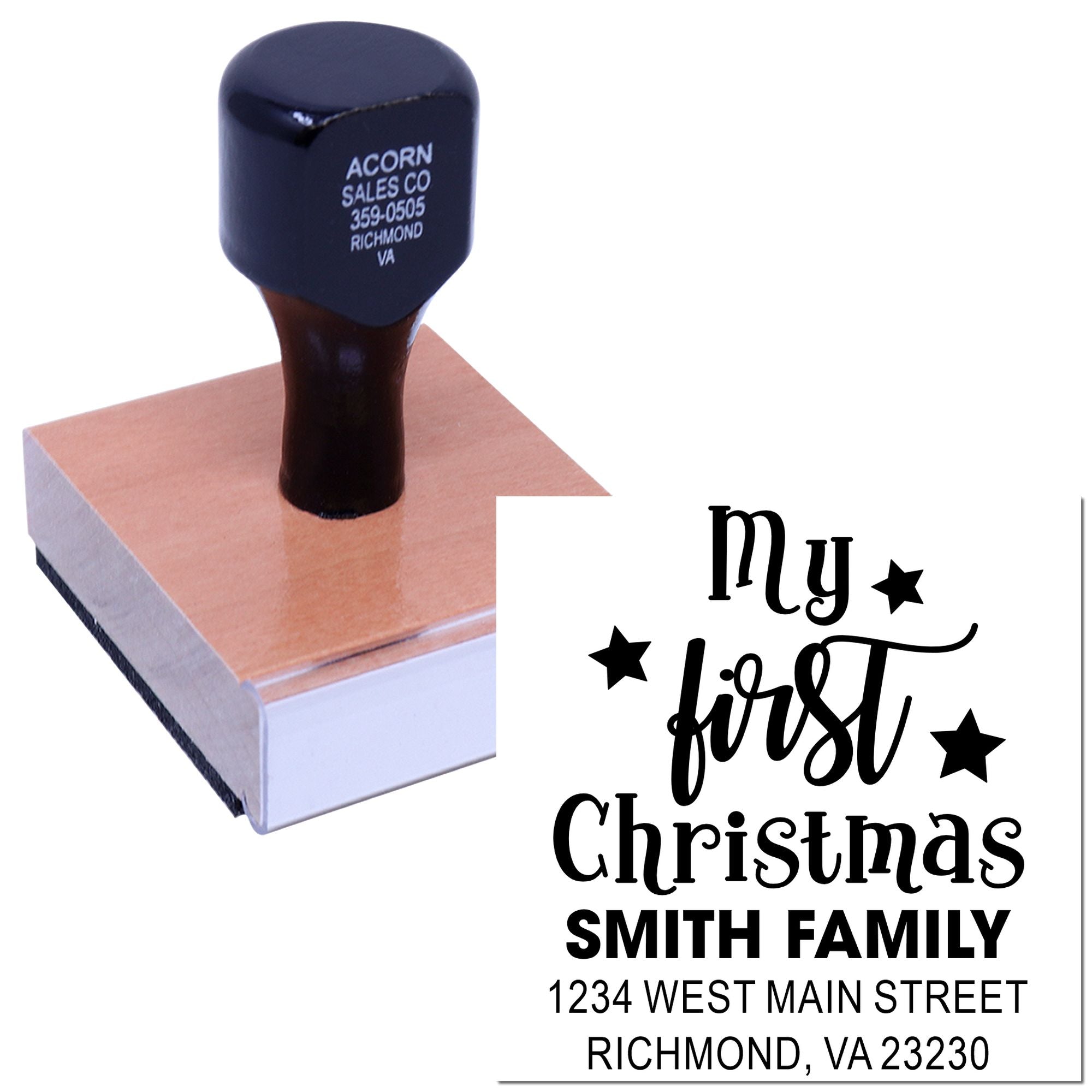 Custom My First Christmas rubber stamp with family name and return address for holiday card envelopes.