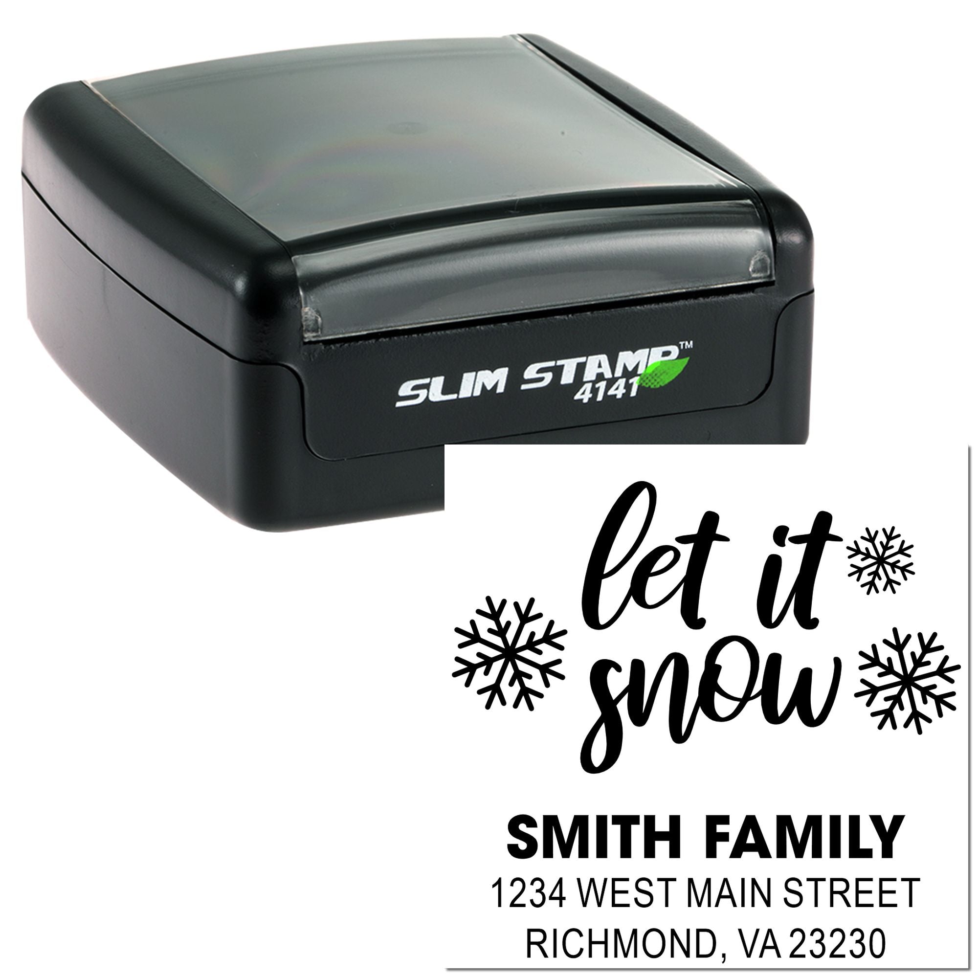 Slim Stamp self-inking custom rubber stamp with Let It Snow holiday address design for Smith family mailing labels.