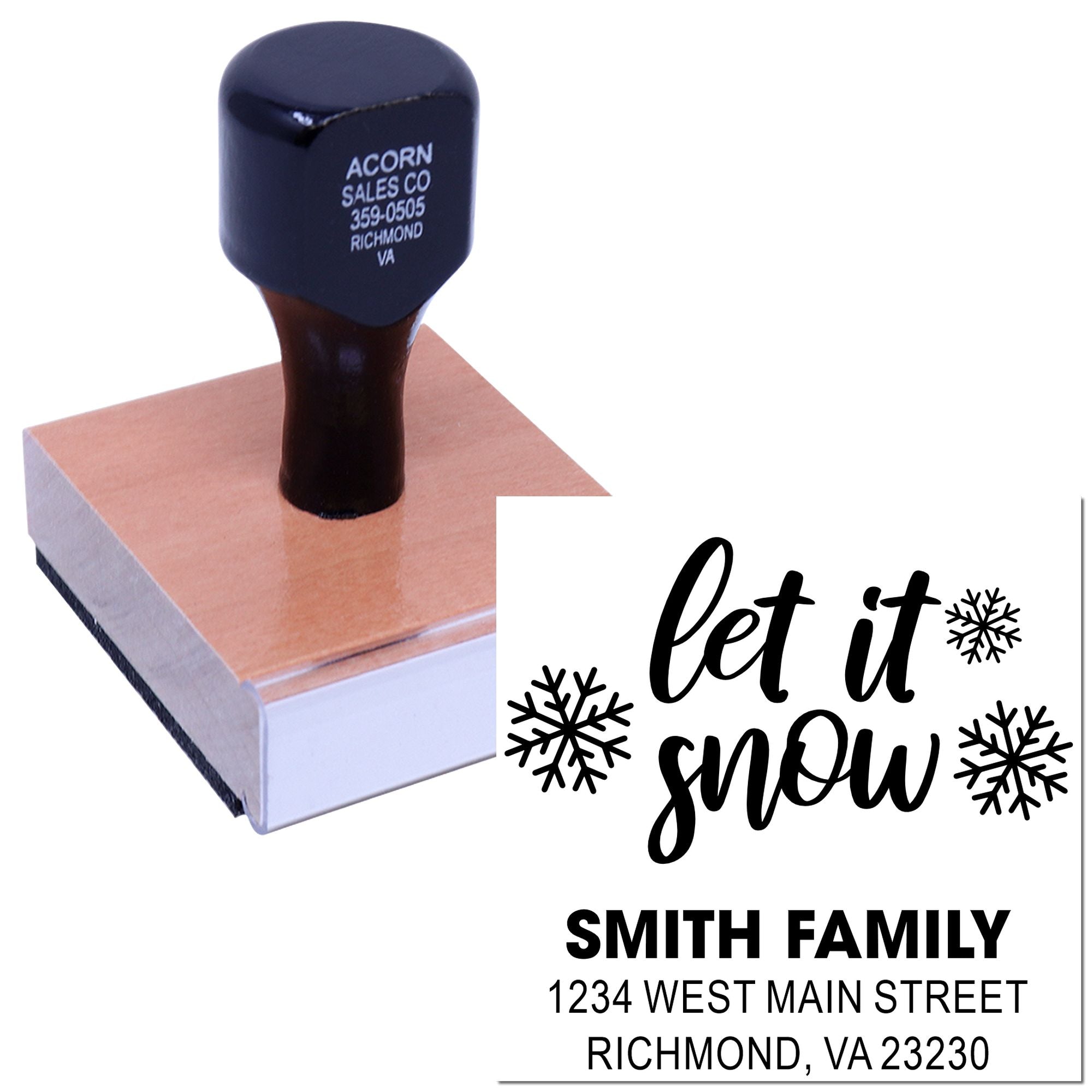 Personalized rubber stamp with Let It Snow snowflake design for holiday cards, envelopes, and custom family mailing.