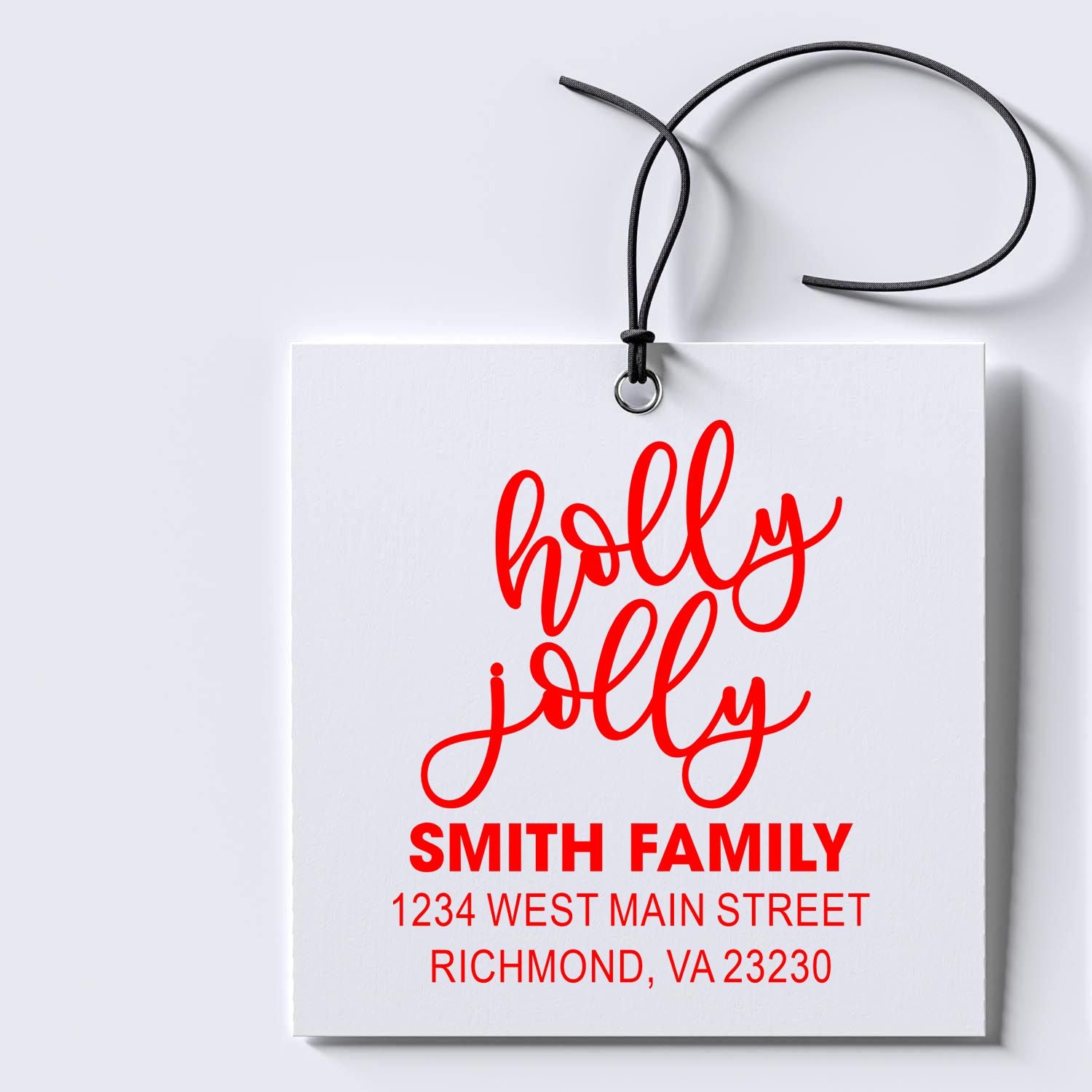 Personalized Holly Jolly rubber stamp with Smith Family name and return address for holiday cards and gift tags.
