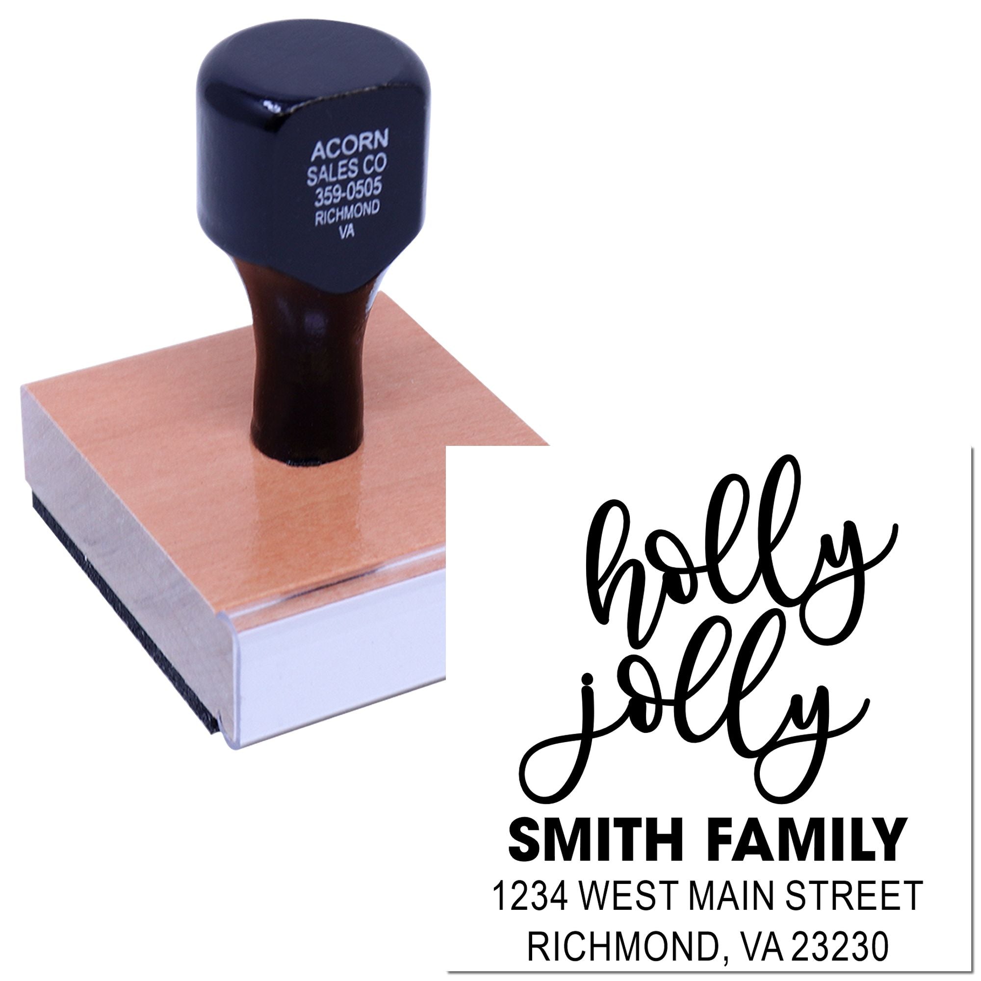 Custom rubber address stamp with holly jolly Smith Family design for holiday cards and envelope labeling