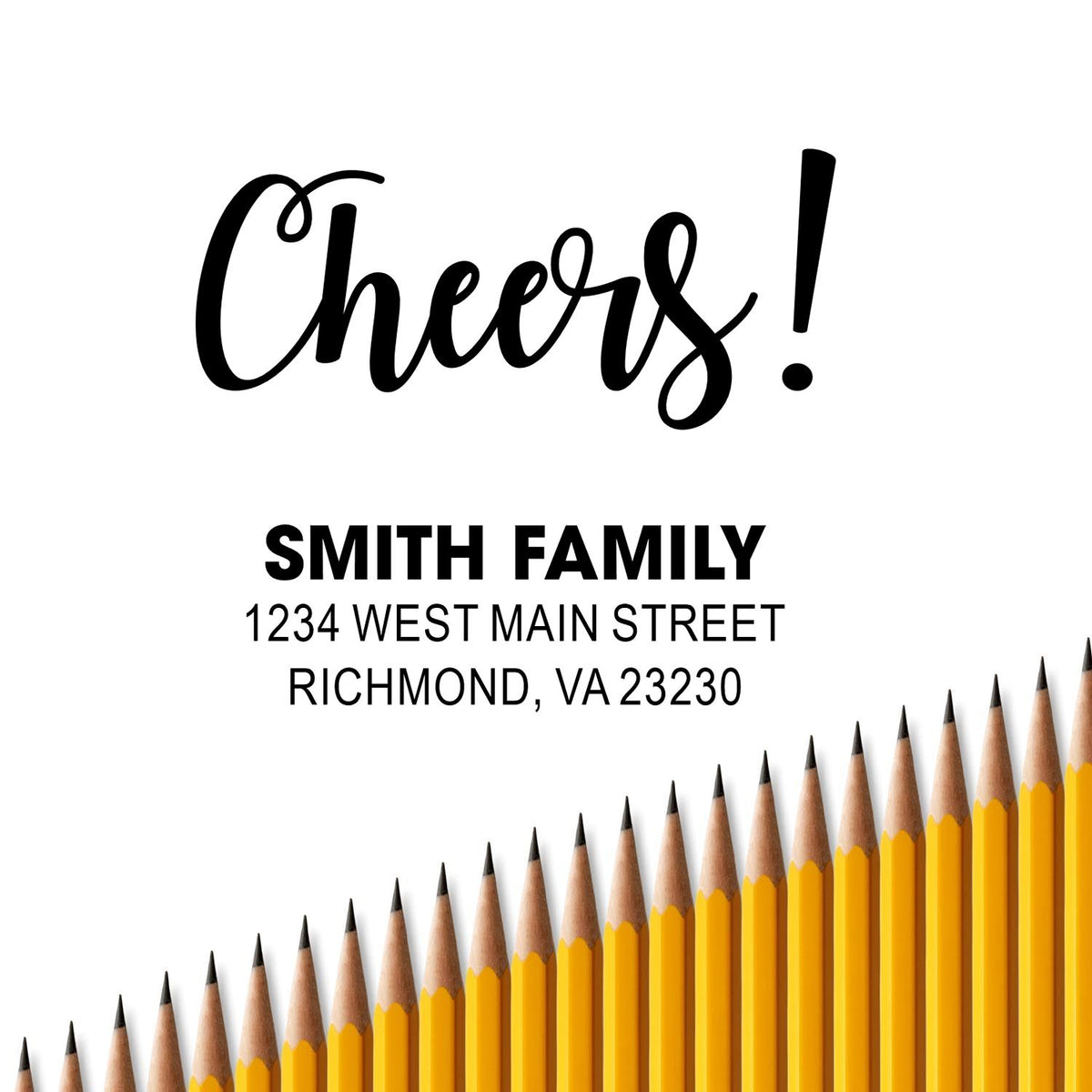Custom rubber stamp with Cheers! design, Smith family name and address for personalized stationery, cards, and crafts.