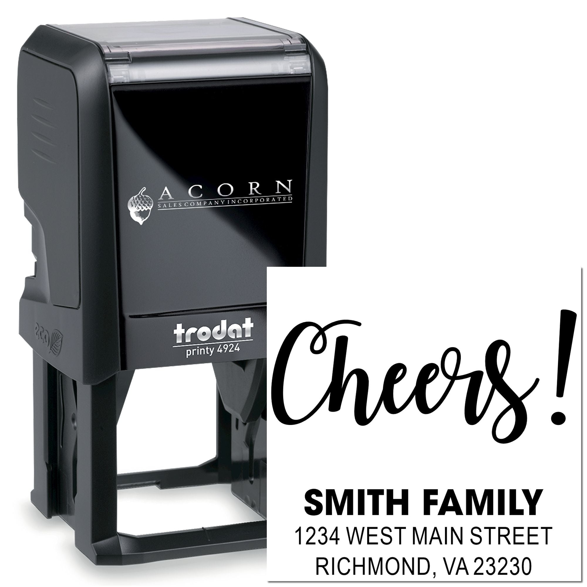 Trodat Printy 4924 custom self-inking rubber stamp with Cheers! Smith family address imprint for mailing and gifts.