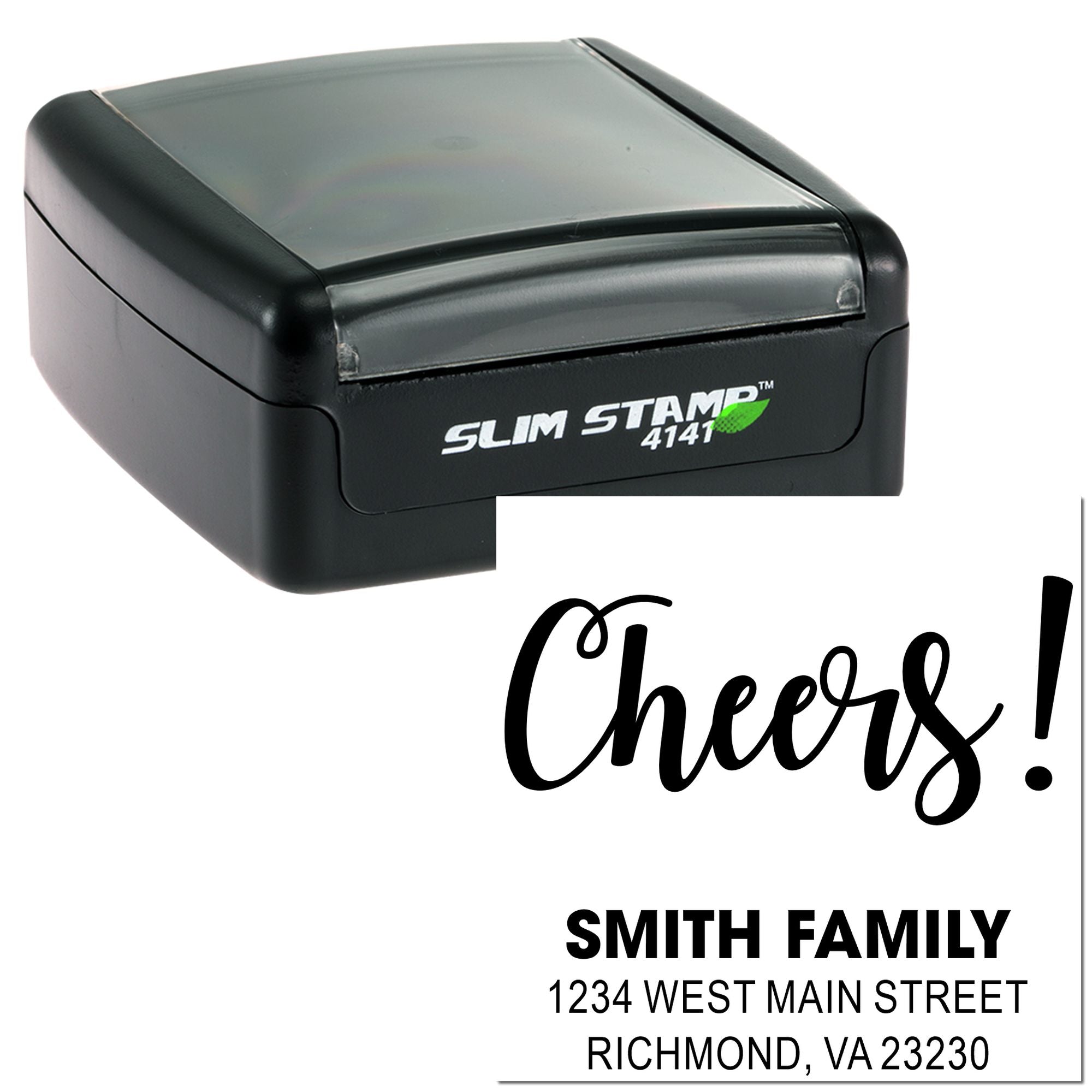 Custom self-inking rubber stamp with Cheers! Smith Family address imprint for personal mail and wedding stationery.