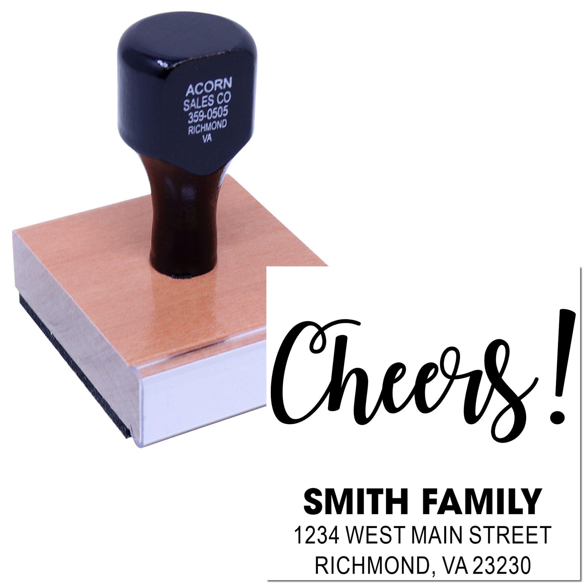 Custom rubber stamp with Cheers! and Smith Family return address for personalized mailing and card stamping.