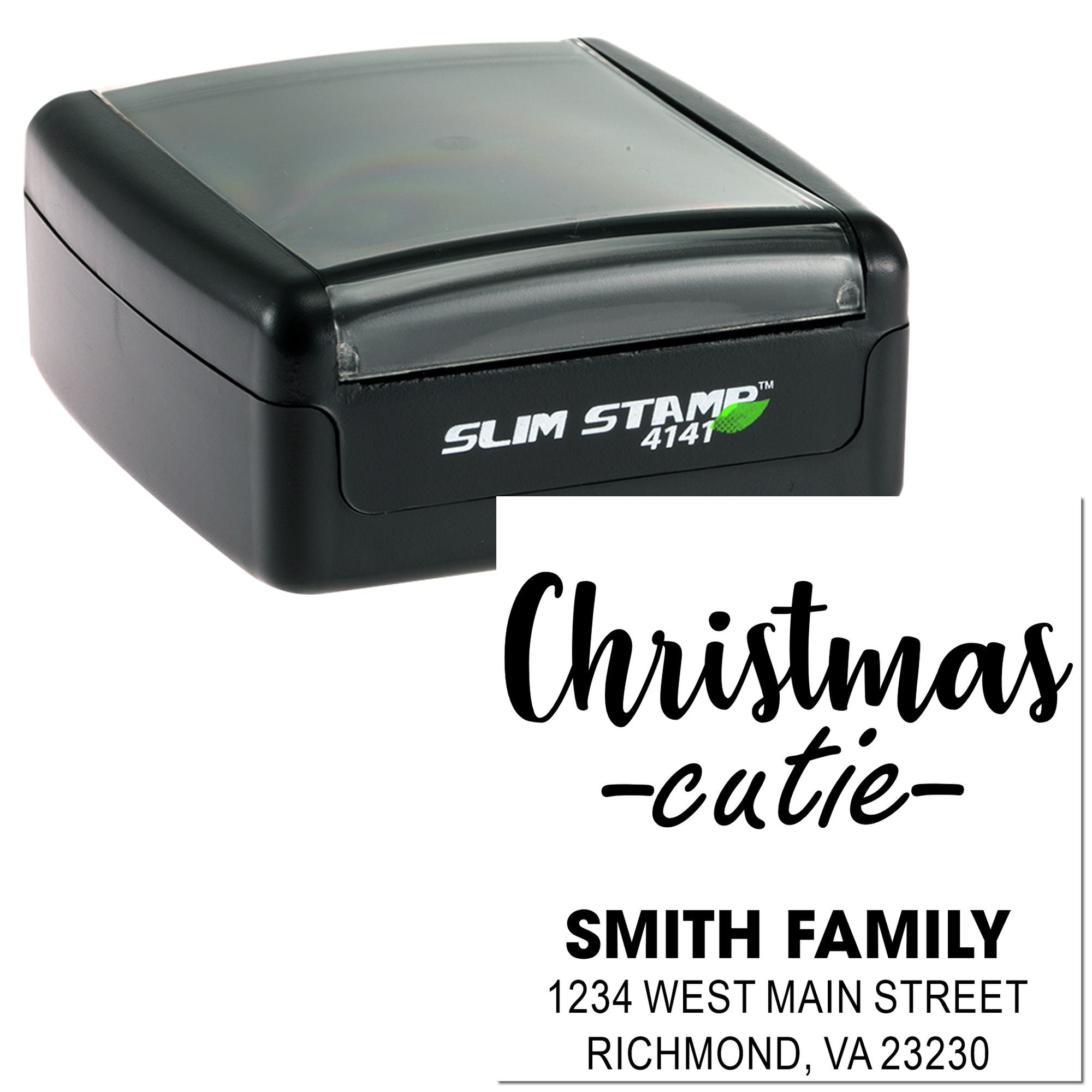 Custom slim self-inking rubber stamp for holiday mail, showing Christmas cutie return address imprint.