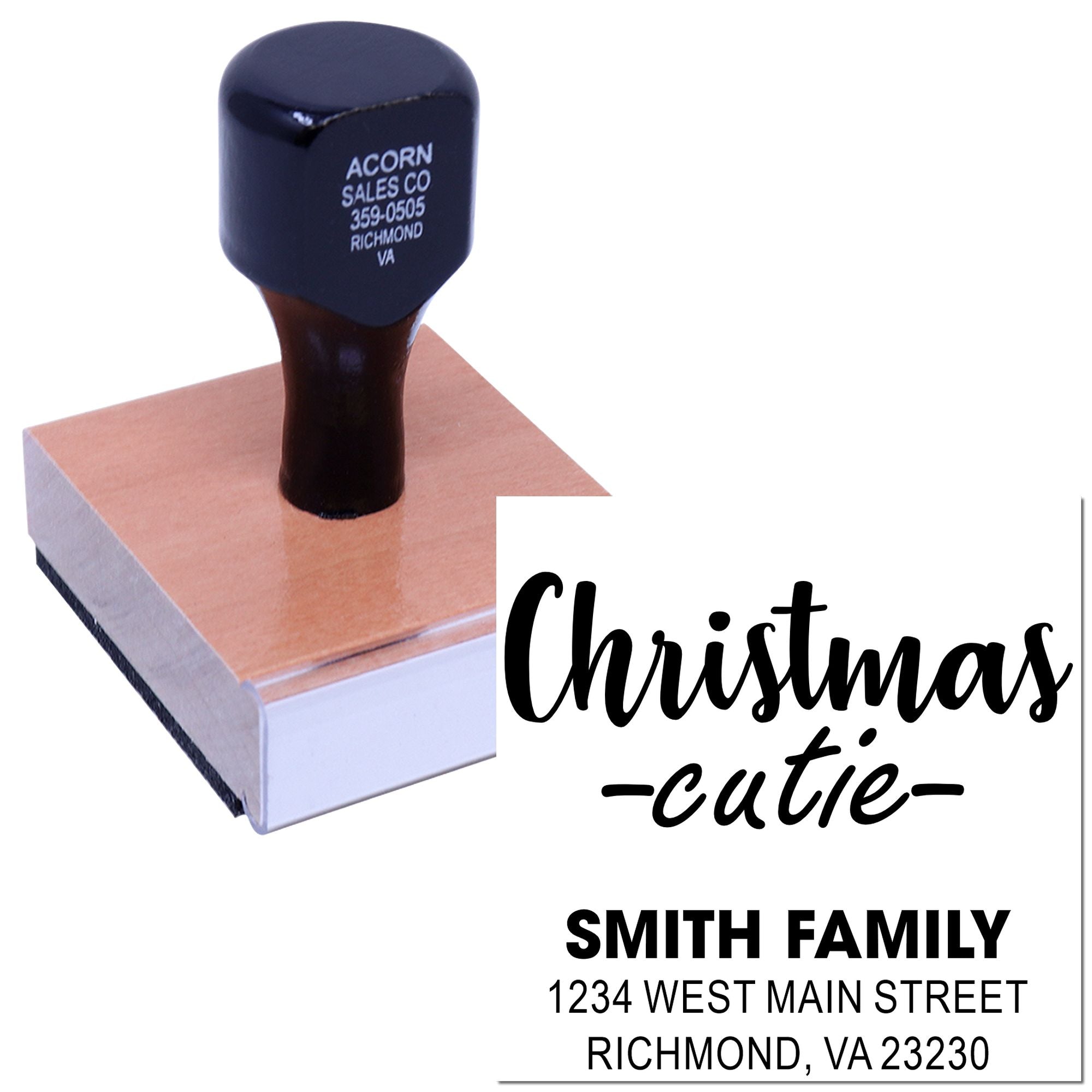 Custom Christmas address rubber stamp with family name and holiday greeting for personalized holiday cards and envelopes.