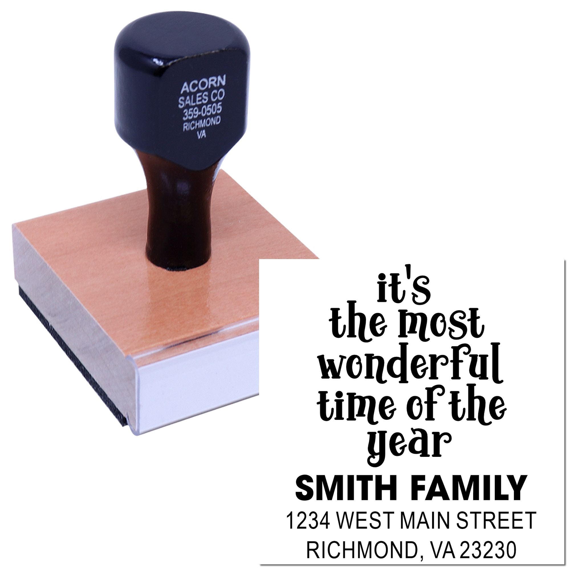 Custom holiday address rubber stamp with Its the most wonderful time of the year for Smith family mailings.