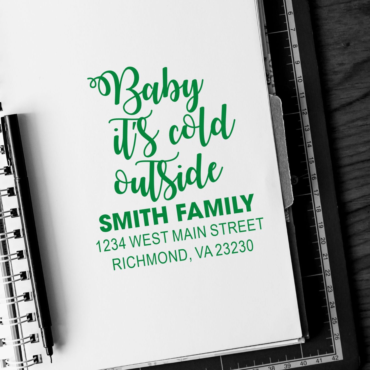 Custom return address rubber stamp with Baby its cold outside and Smith Family address for holiday cards and envelopes.