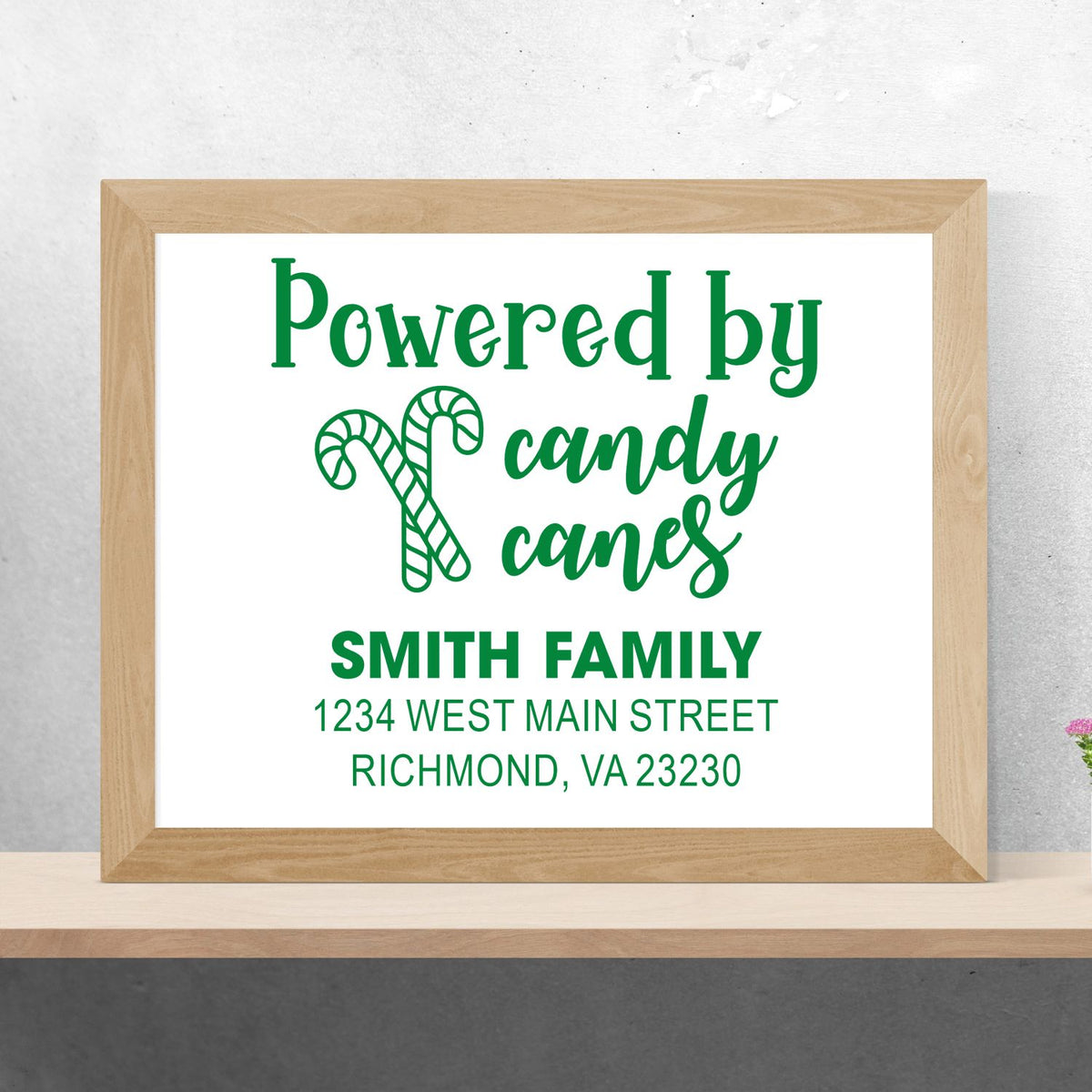 Custom holiday rubber stamp design with candy cane motif and Smith Family return address for festive mailing.