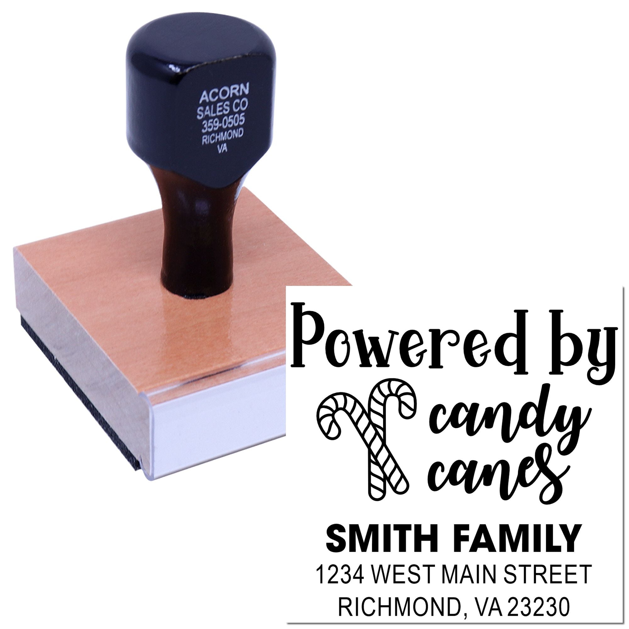 Personalized address rubber stamp with candy cane design for Smith Family holiday cards and envelopes.
