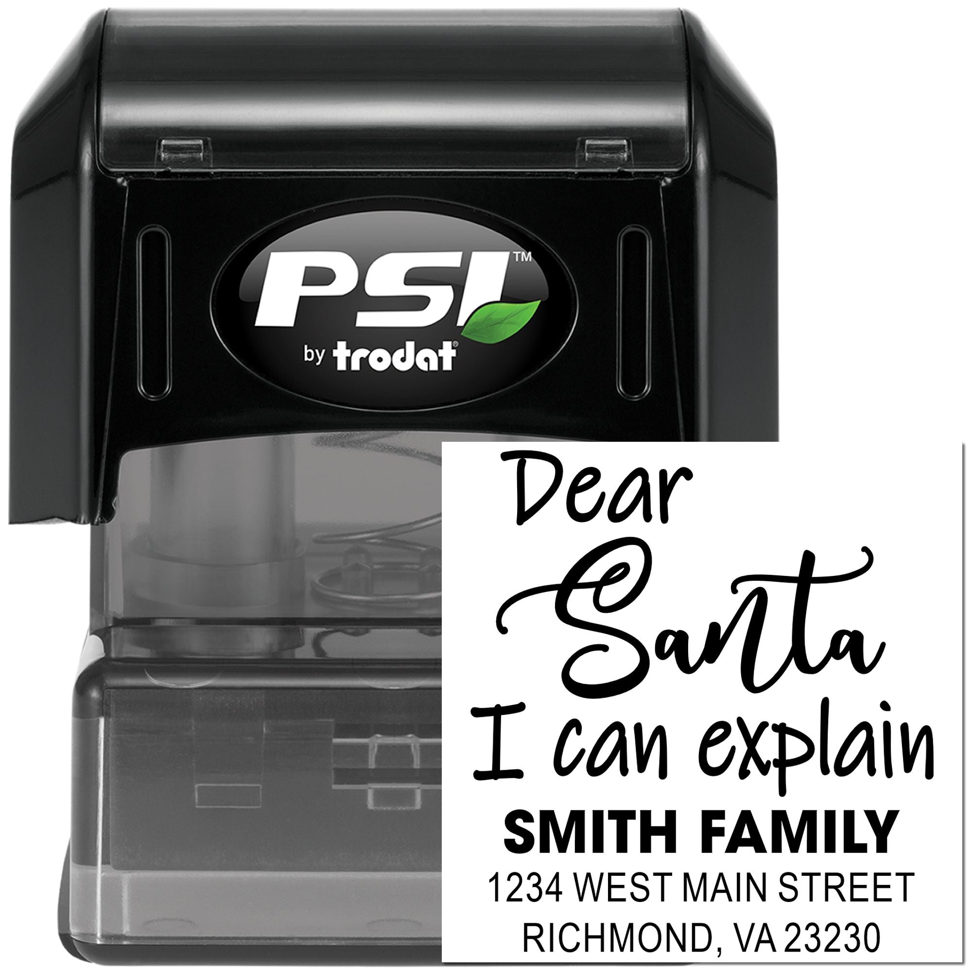 Custom self-inking rubber stamp with Dear Santa I can explain and Smith family return address design