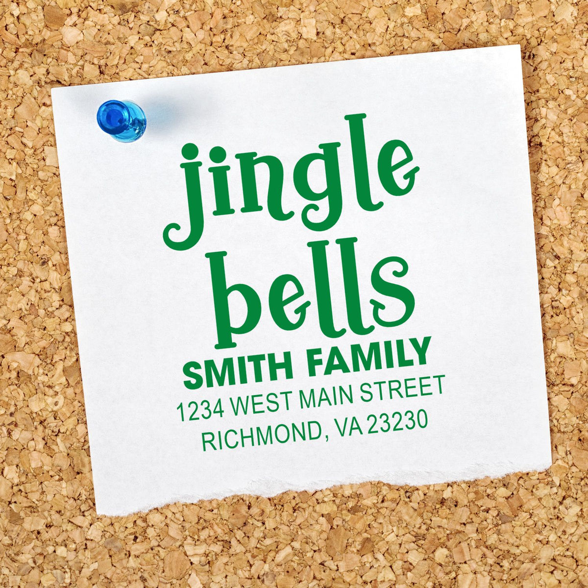 Personalized Jingle Bells Christmas address rubber stamp with Smith family name and Richmond, VA address