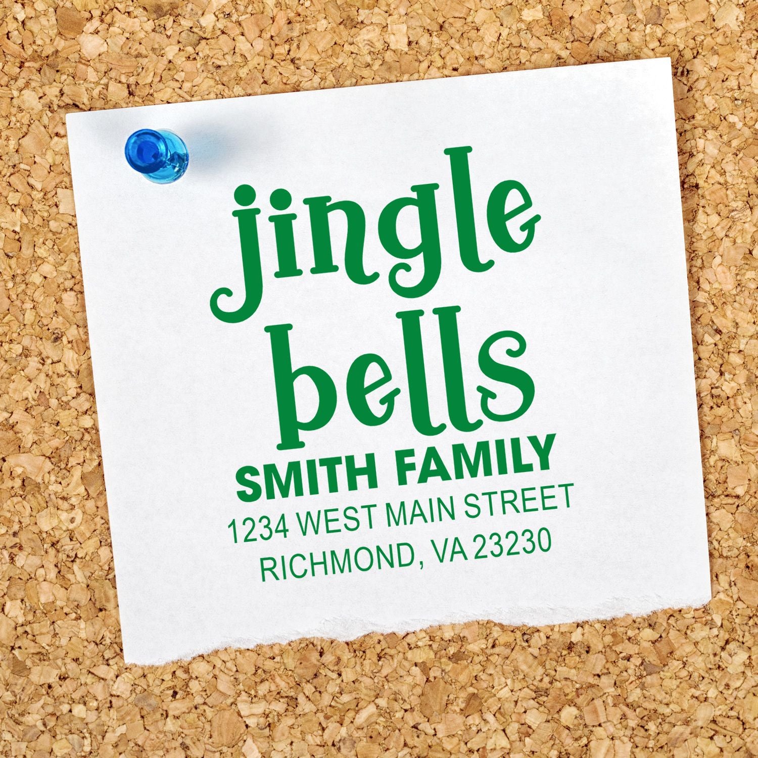 Custom jingle bells rubber stamp with Smith family return address, Richmond VA 23230, for holiday mailing.