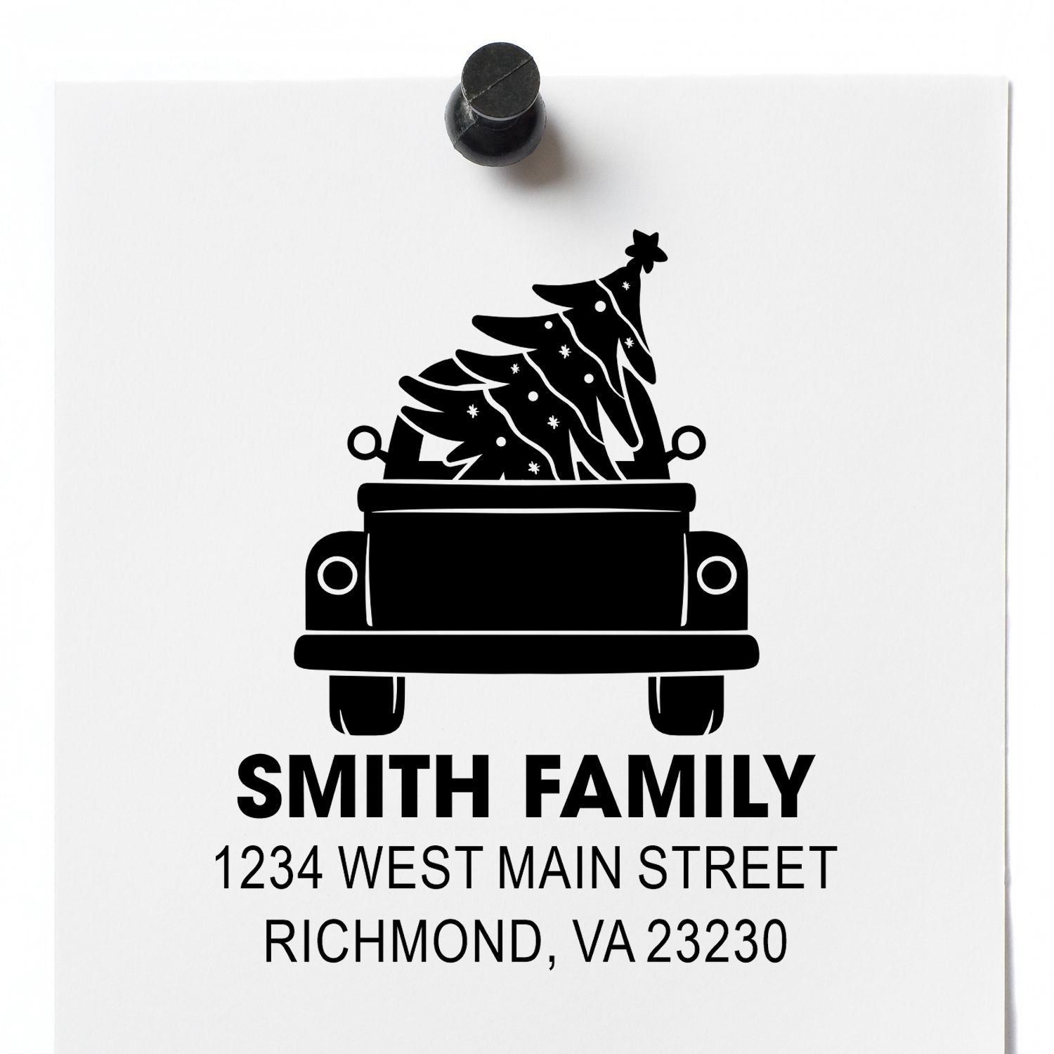 Custom family address rubber stamp with holiday tree truck design for Christmas cards and seasonal mailings
