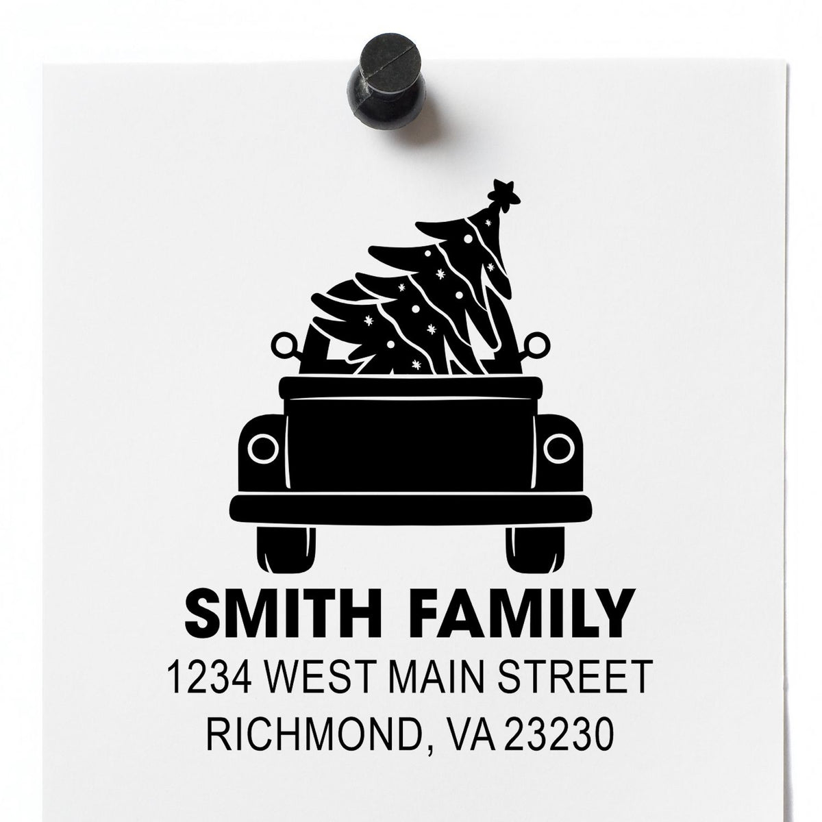 Custom rubber address stamp with Christmas tree truck design, Smith Family return address for holiday stationery.