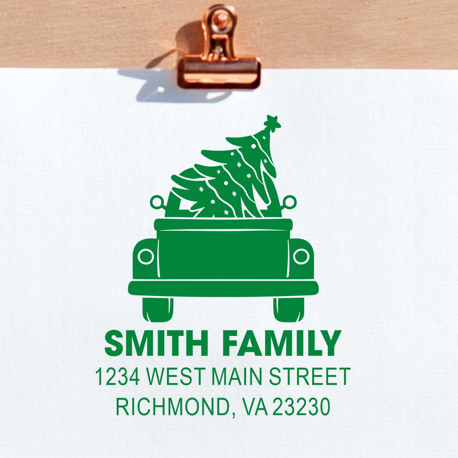 Custom holiday return address rubber stamp with Christmas tree truck design for Smith Family, Richmond, VA 23230
