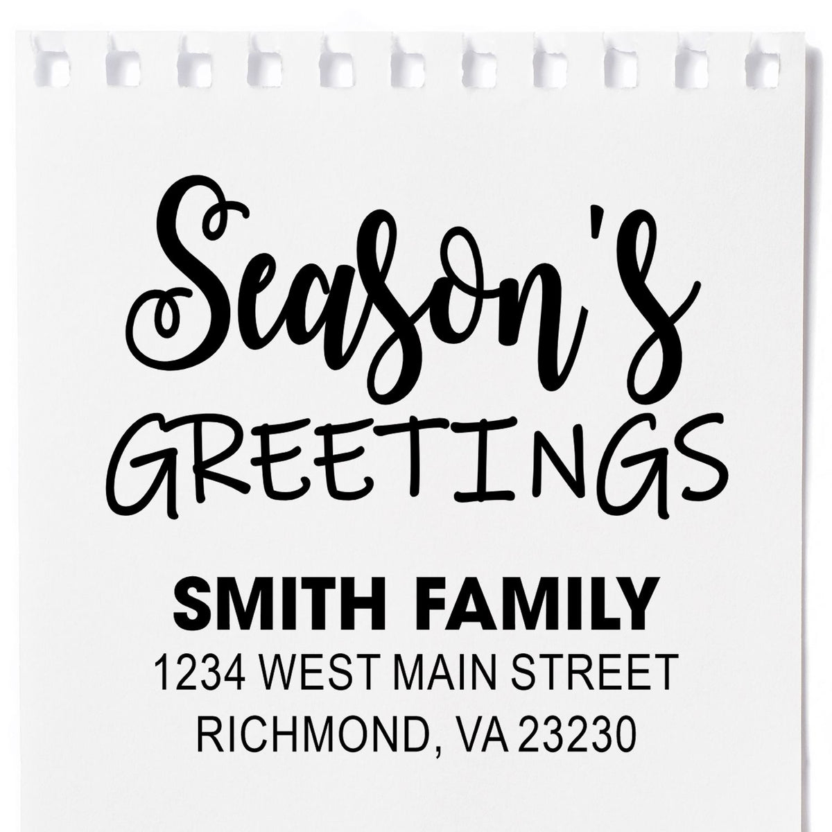 Seasons Greetings custom address rubber stamp for Smith Family, Richmond, VA 23230