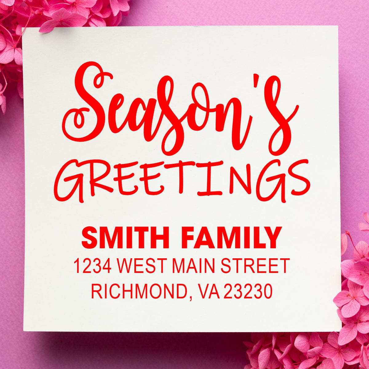 Custom Seasons Greetings rubber stamp with Smith family name and Richmond, VA address for holiday card envelopes.
