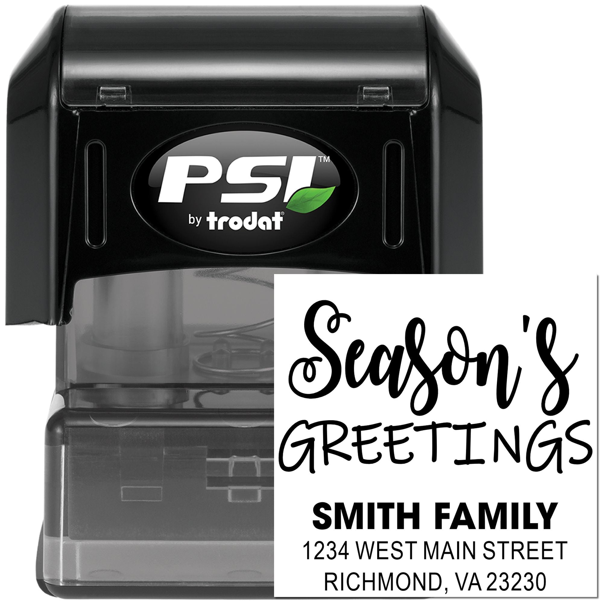 PSI by Trodat self-inking rubber stamp with Seasons Greetings and return address for custom holiday mailings.