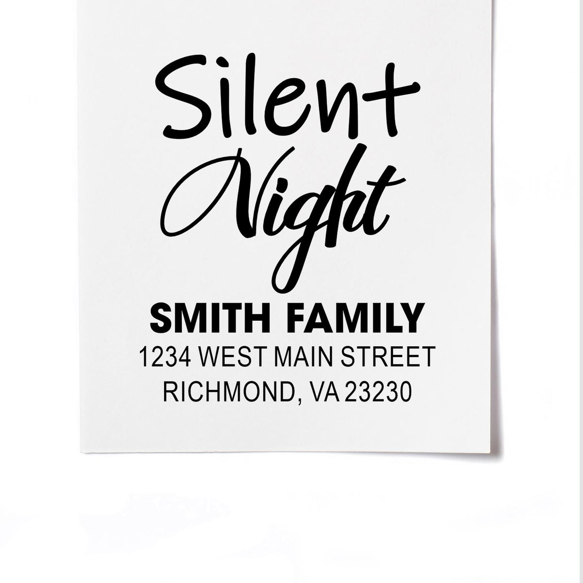 Silent Night custom rubber stamp with Smith Family return address for holiday cards and mailing.