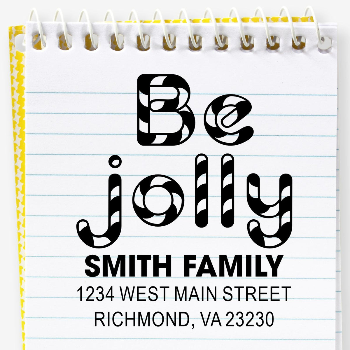 Custom holiday address rubber stamp with Be Jolly monogram, Smith Family name, and Richmond, VA return address.