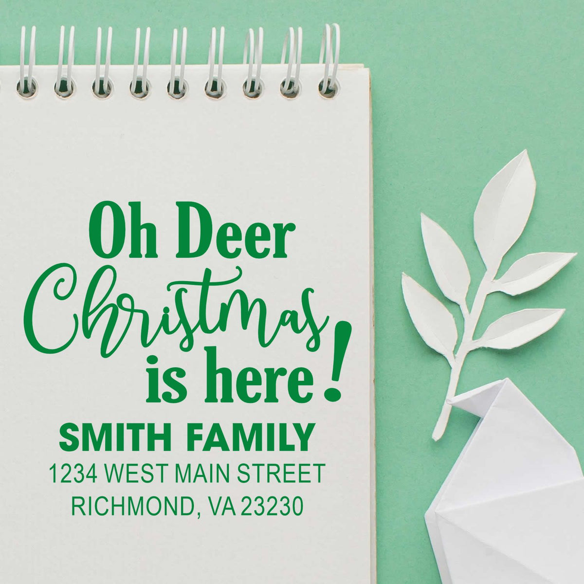 Personalized Christmas return address rubber stamp with Oh Deer Christmas is here! for Smith Family holiday cards.