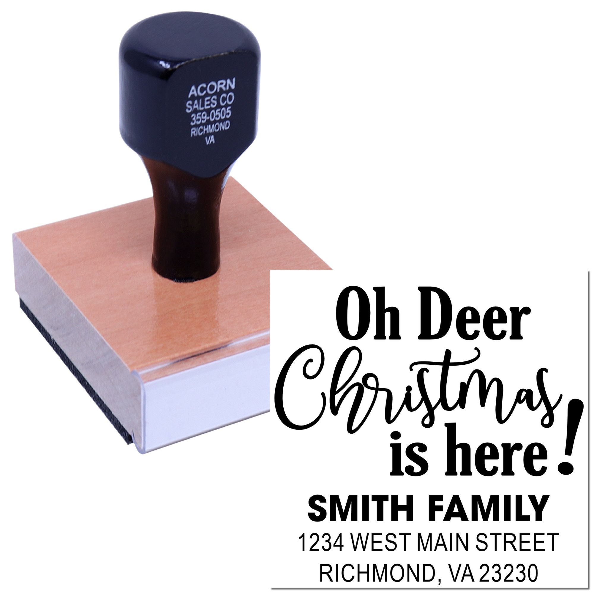 Custom Christmas address rubber stamp with Oh Deer Christmas is here! holiday return address stamp for the Smith family.