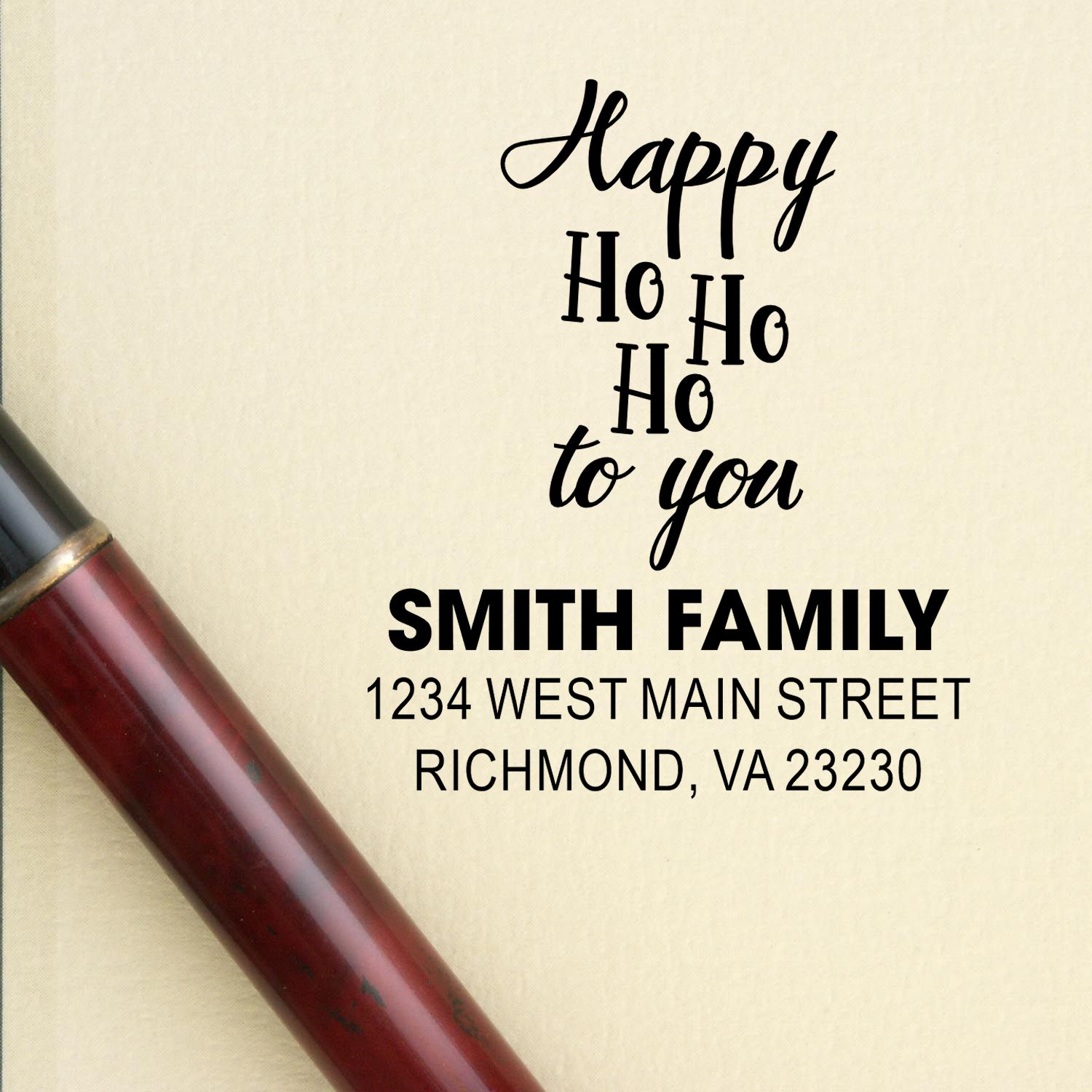 Custom holiday return address rubber stamp with Happy Ho Ho Ho to you for Smith Family Christmas cards.
