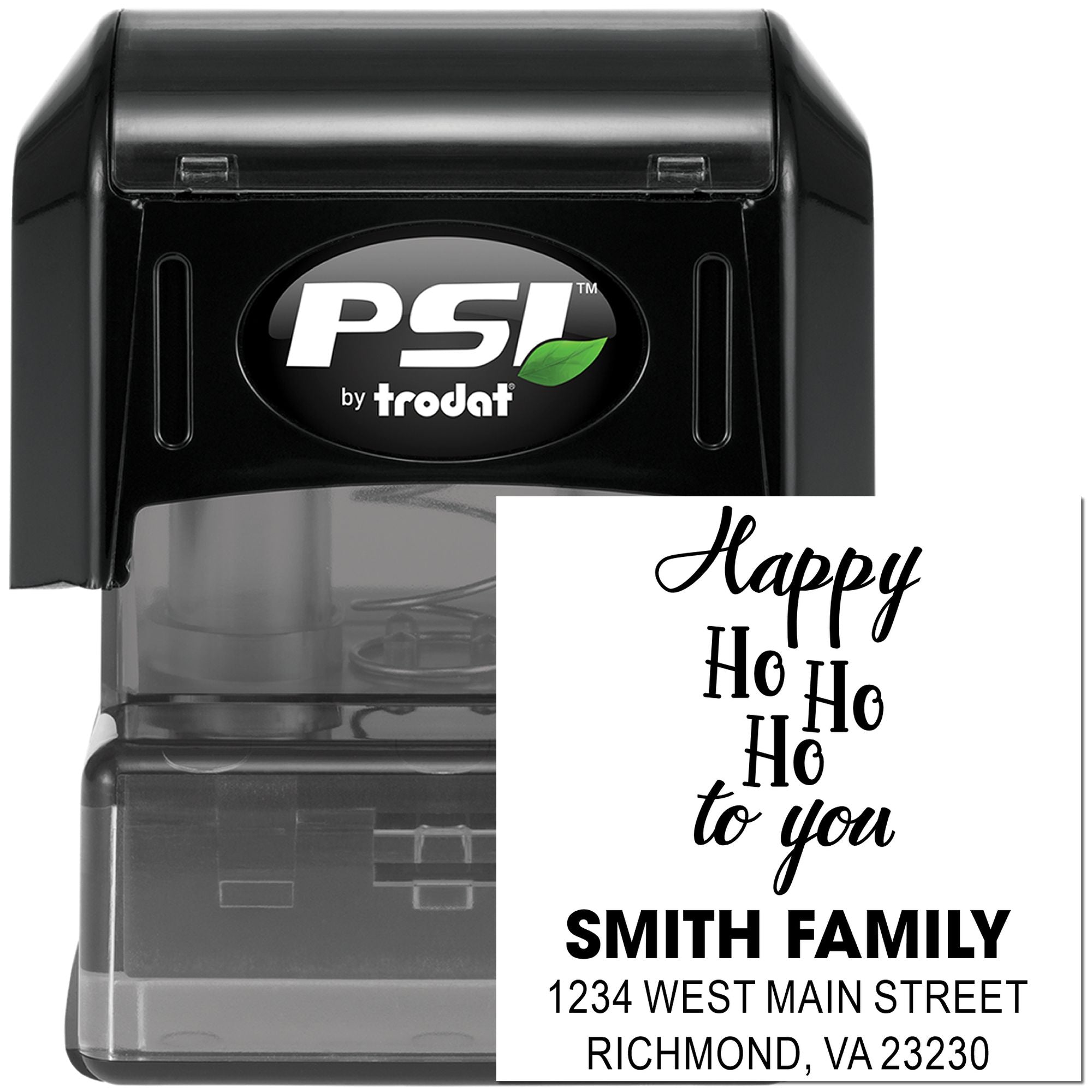 Custom self-inking rubber stamp with holiday return address design for Smith Family, featuring Happy Ho Ho Ho to You.
