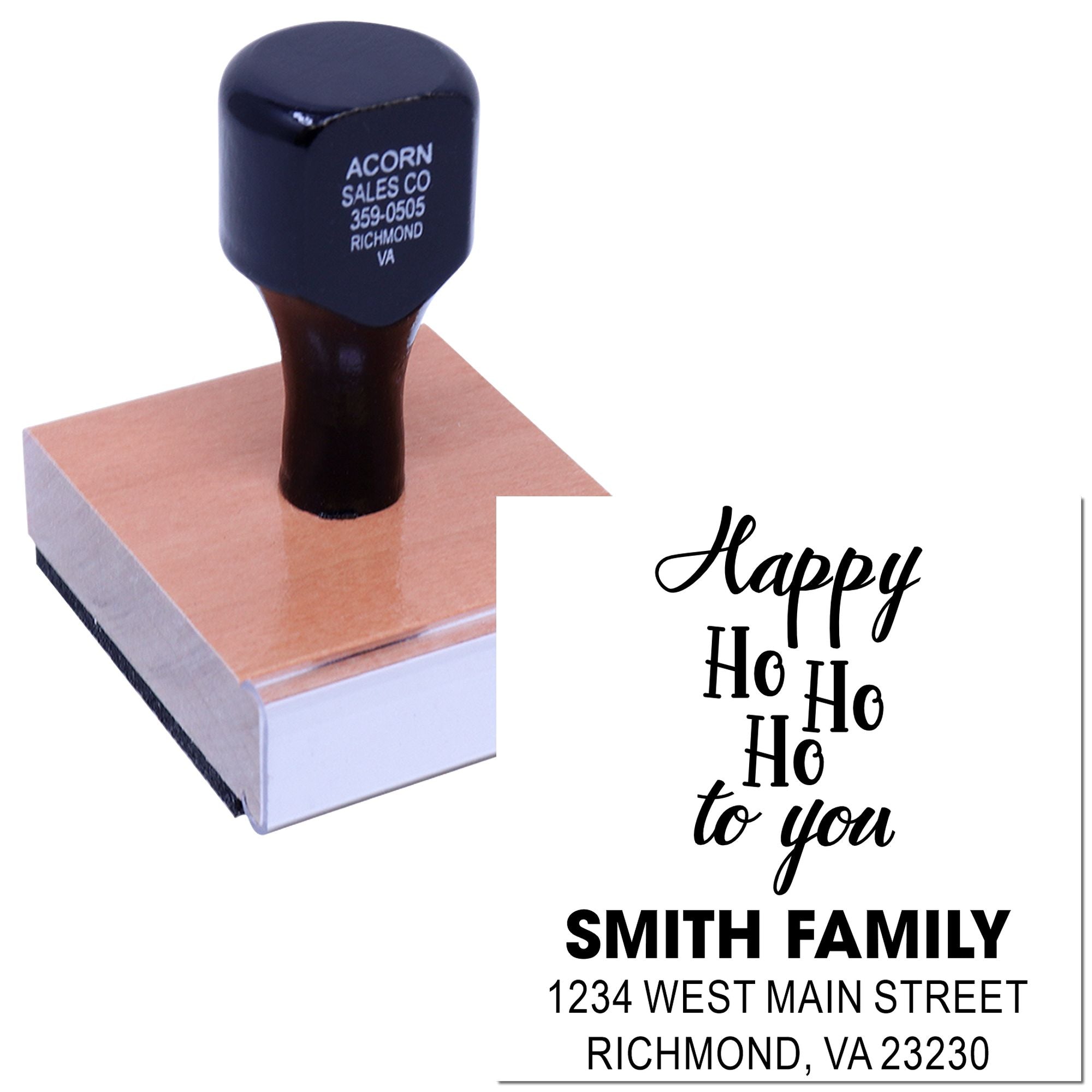 Custom holiday return address rubber stamp with festive Happy Ho Ho Ho to you Smith Family address design.