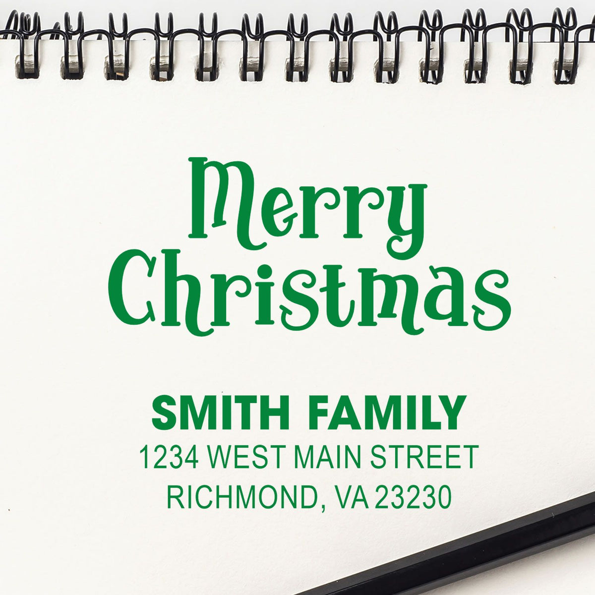 Custom Merry Christmas return address rubber stamp with Smith family name and Richmond, VA address.