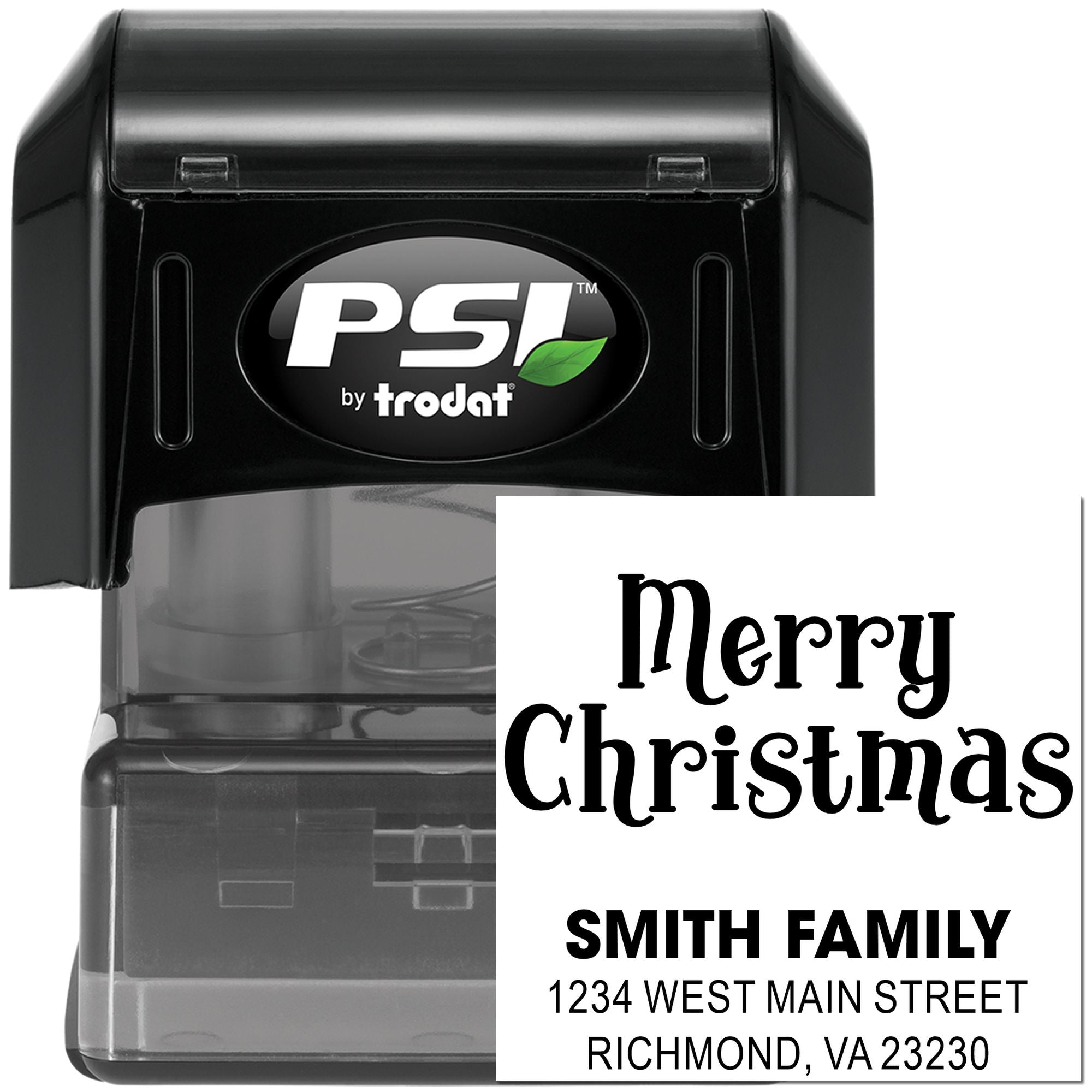 Custom self-inking rubber stamp with Merry Christmas greeting, Smith Family name and address for holiday mail.