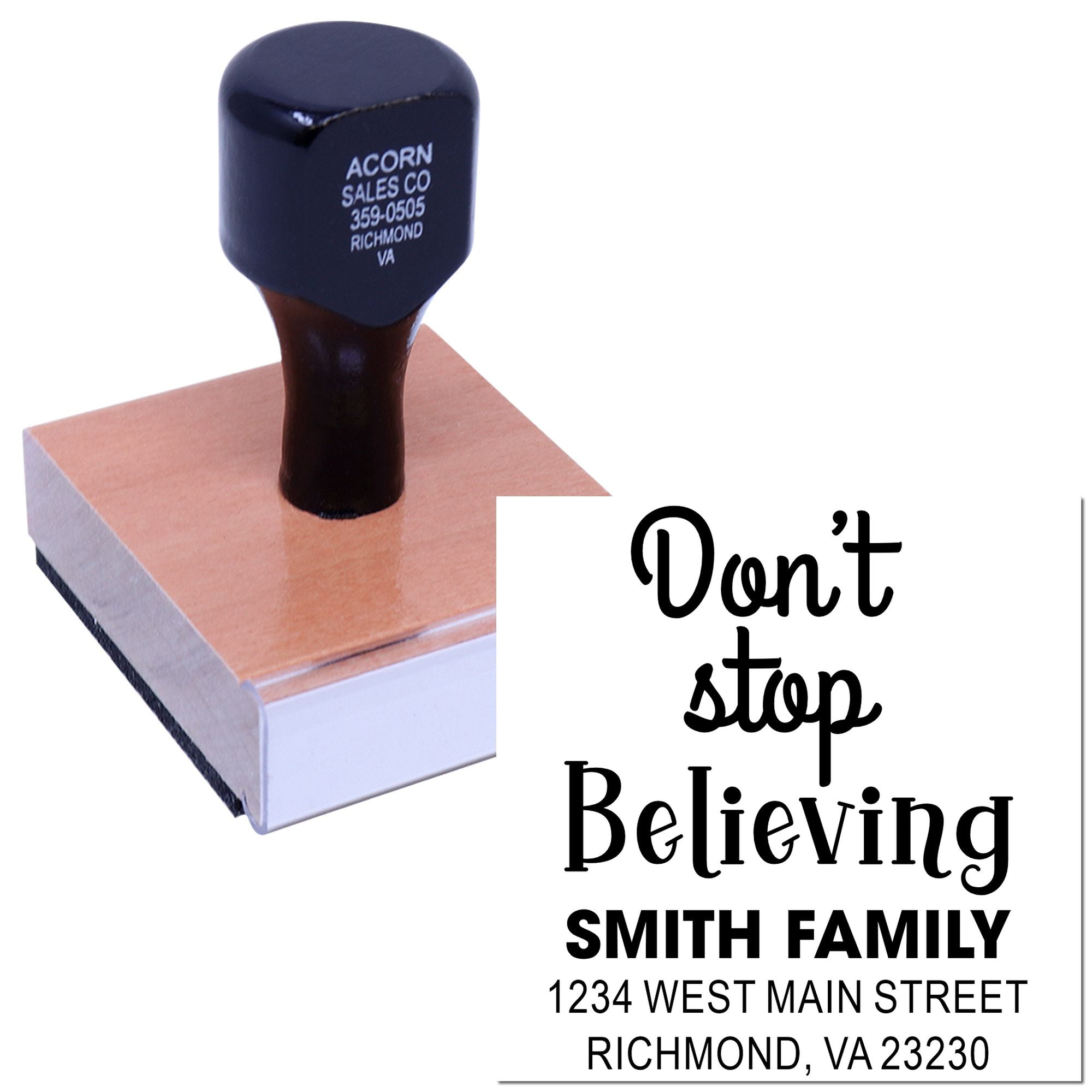 Personalized custom rubber stamp with Dont Stop Believing Smith Family return address design.