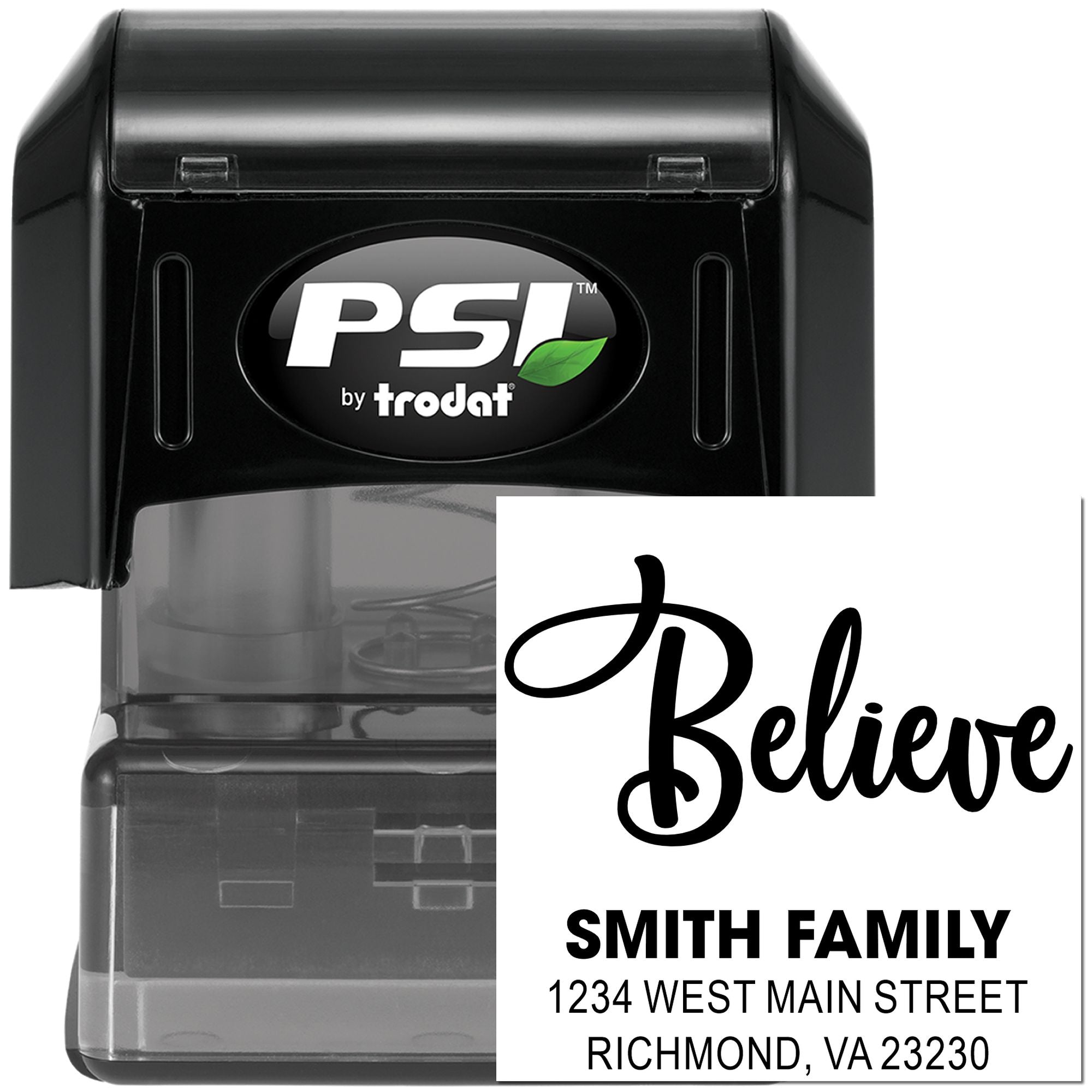 PSI by Trodat self-inking custom rubber address stamp with Believe design for Smith family mailing labels.
