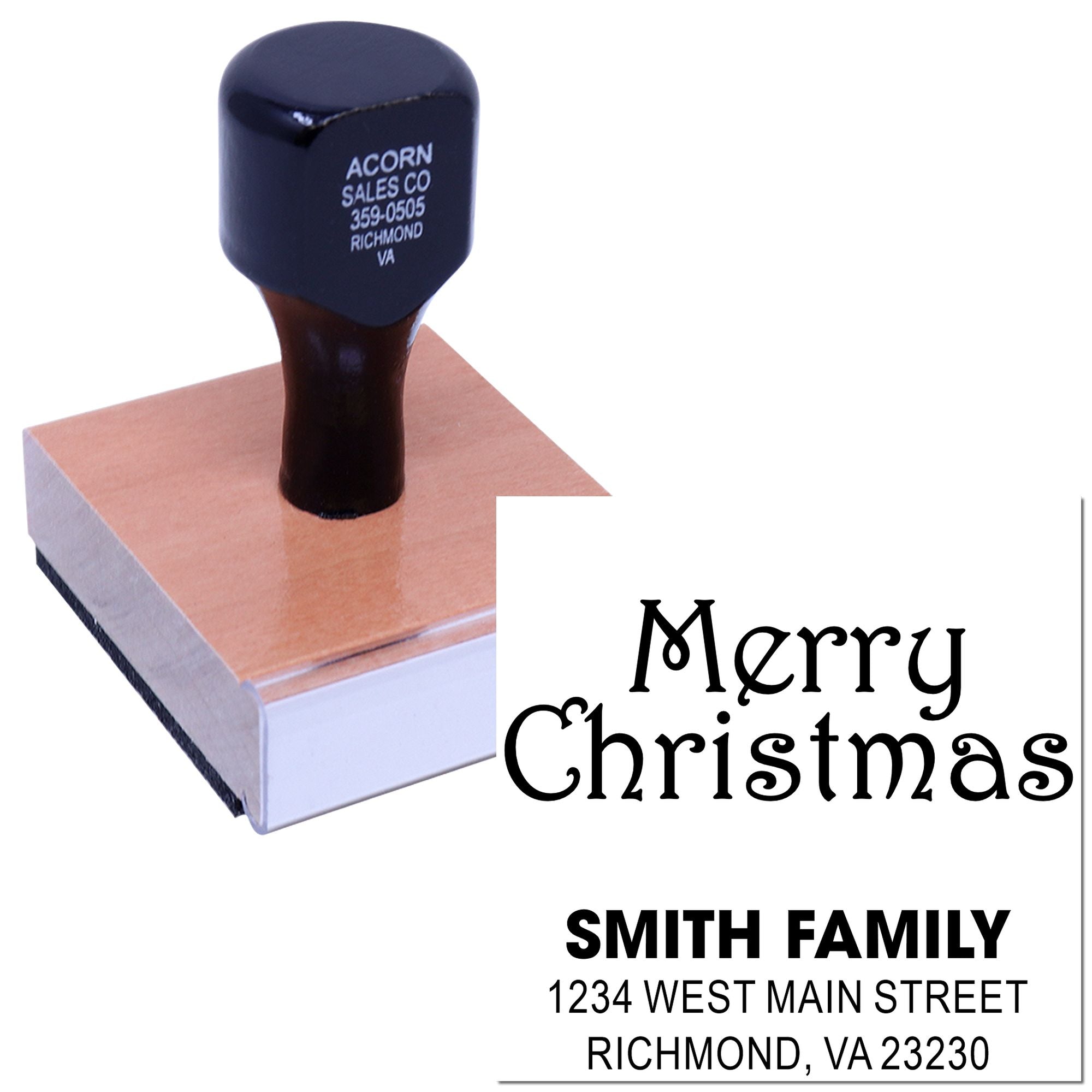 Custom Christmas address rubber stamp with Merry Christmas and personalized family return address.