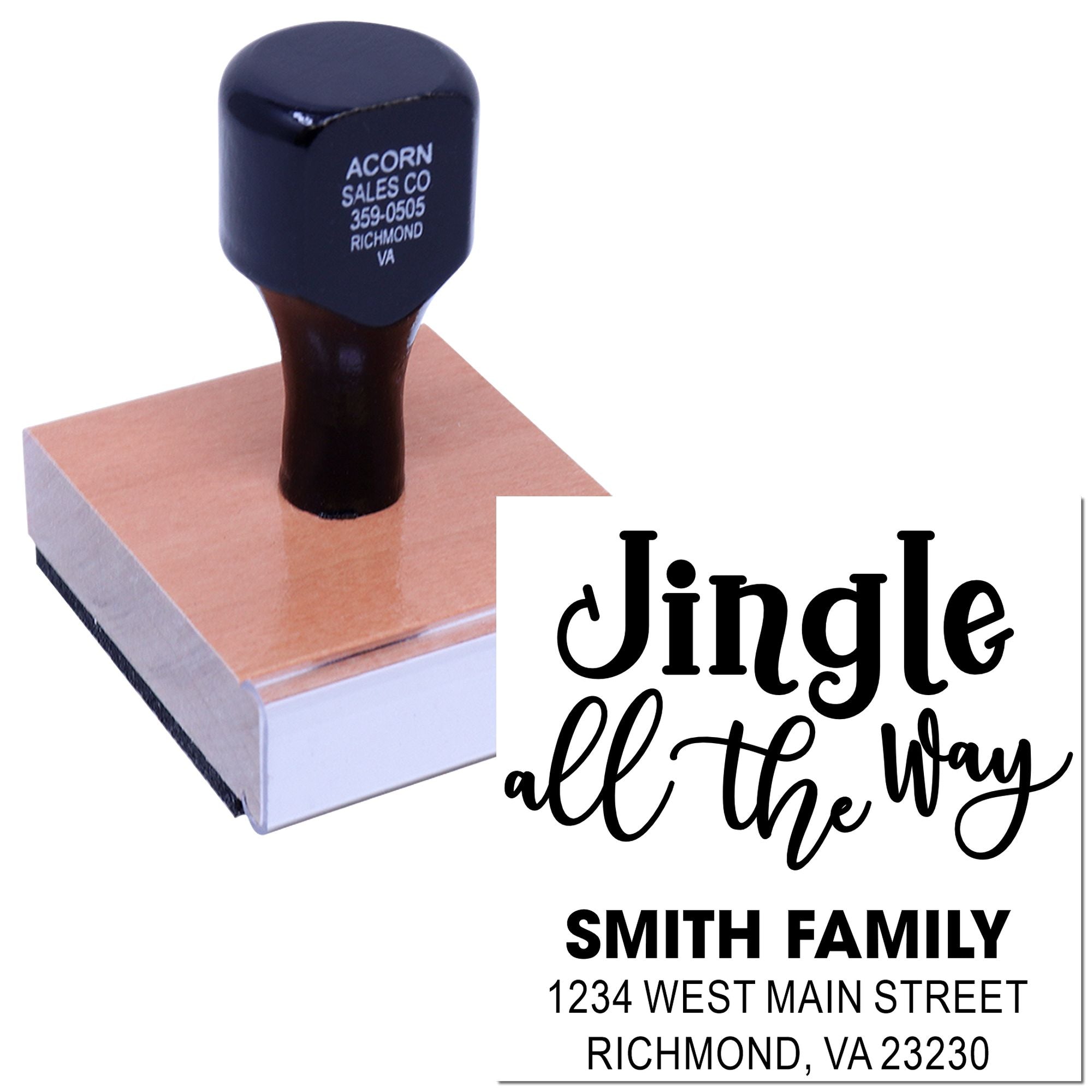 Custom holiday address rubber stamp for Smith family with Jingle all the Way design and Richmond, VA return address.