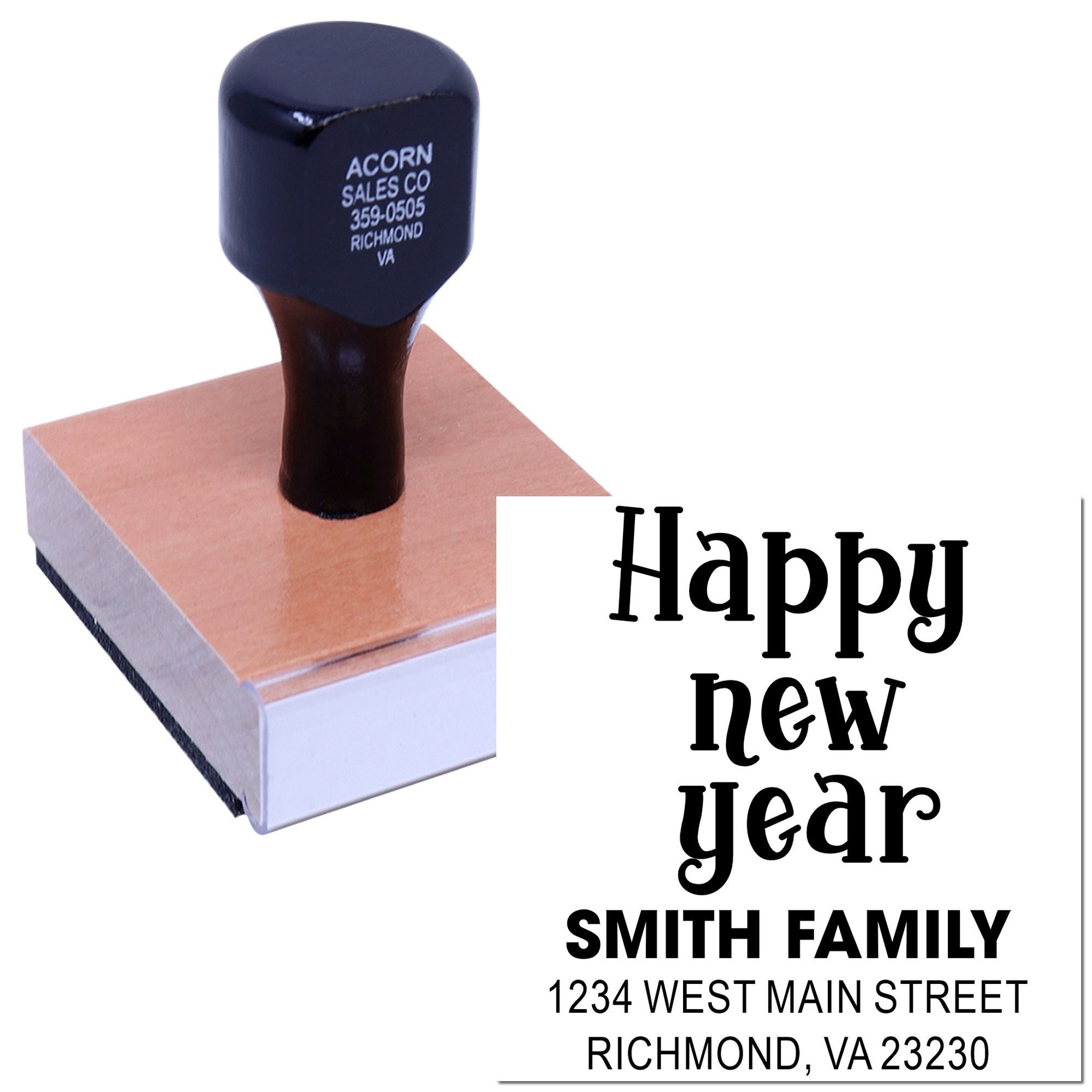 Personalized rubber stamp for Happy New Year cards with Smith family return address and custom address imprint