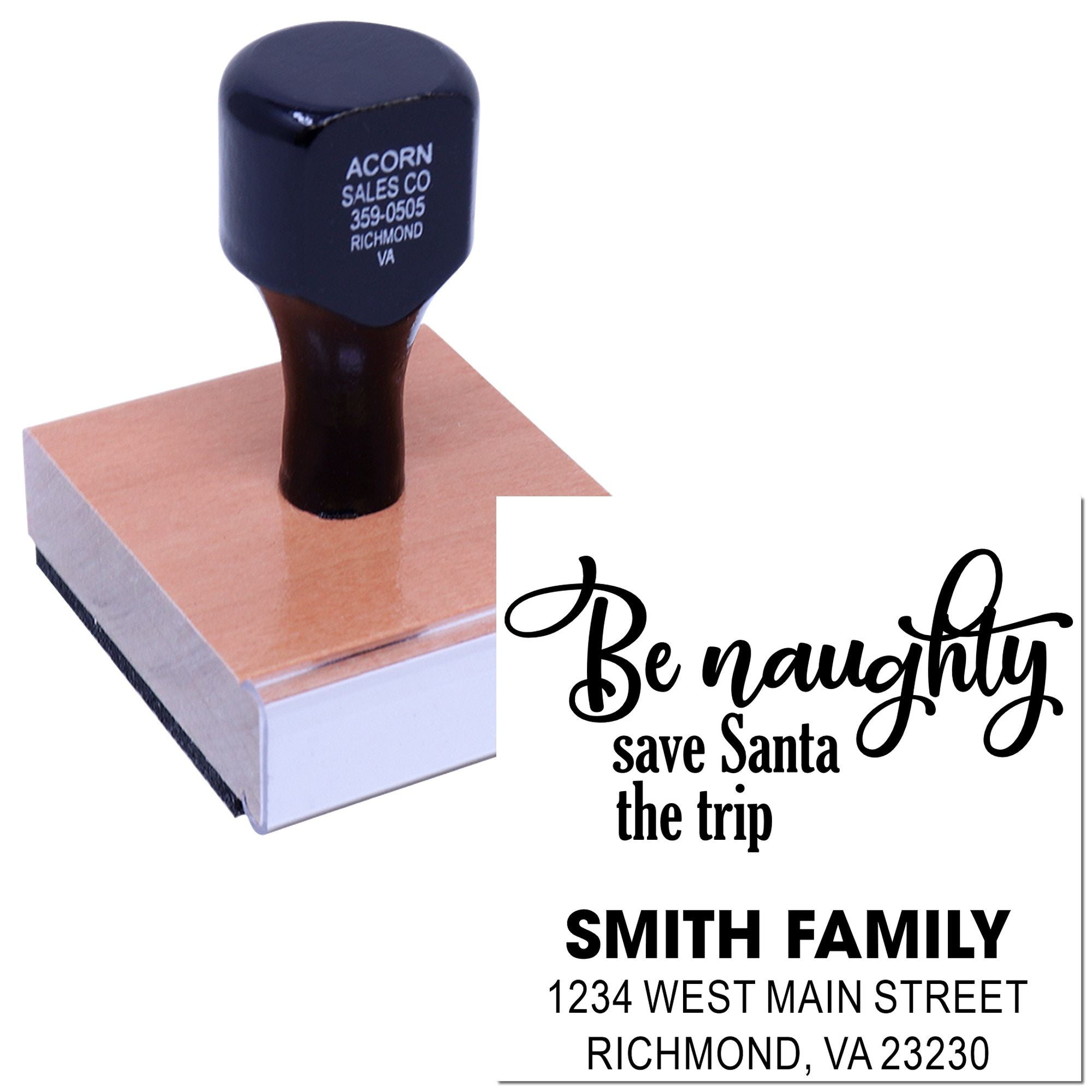 Personalized holiday return address rubber stamp with Be naughty save Santa the trip and Smith family address.