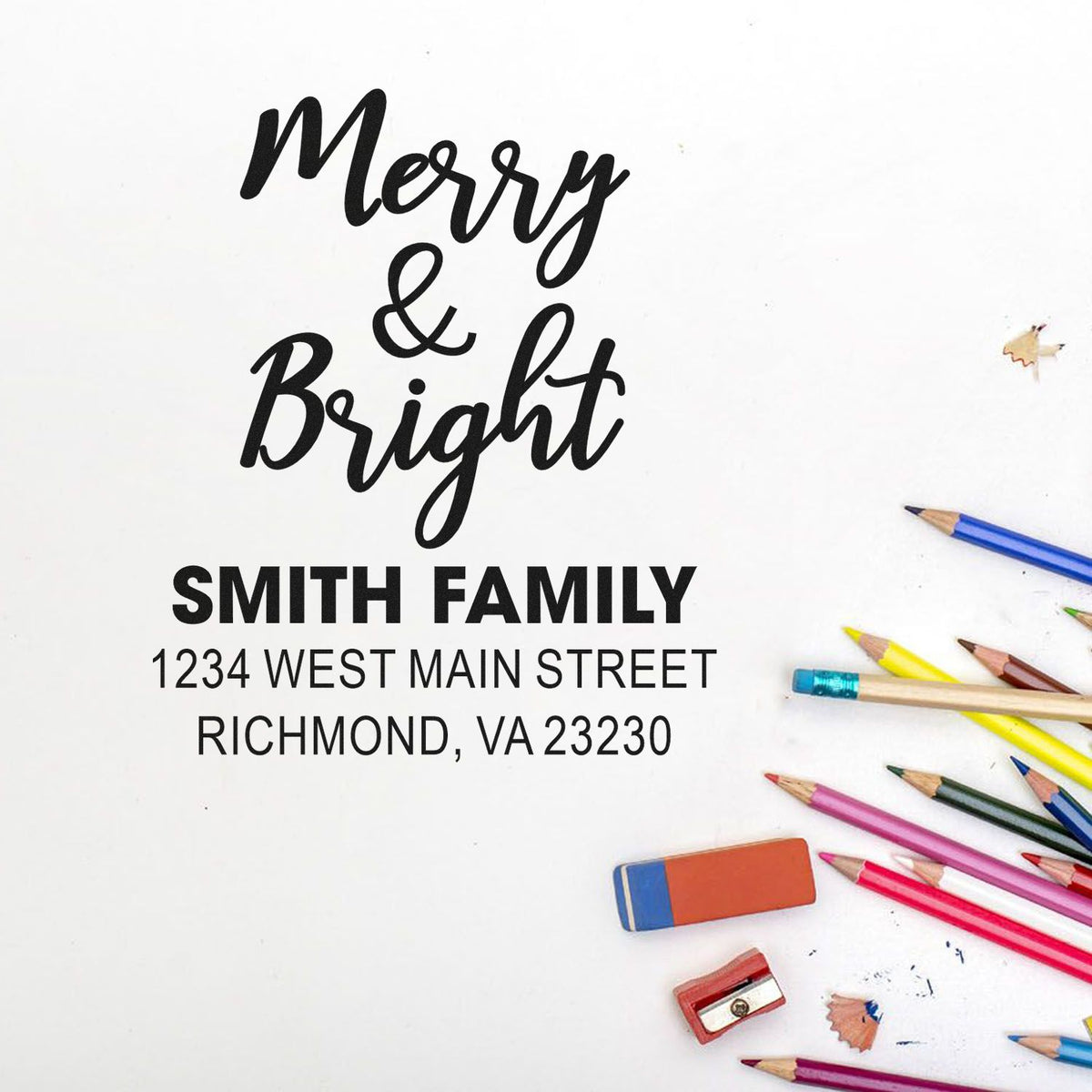 Custom Merry & Bright family address rubber stamp for Smith Family, Richmond VA holiday cards.