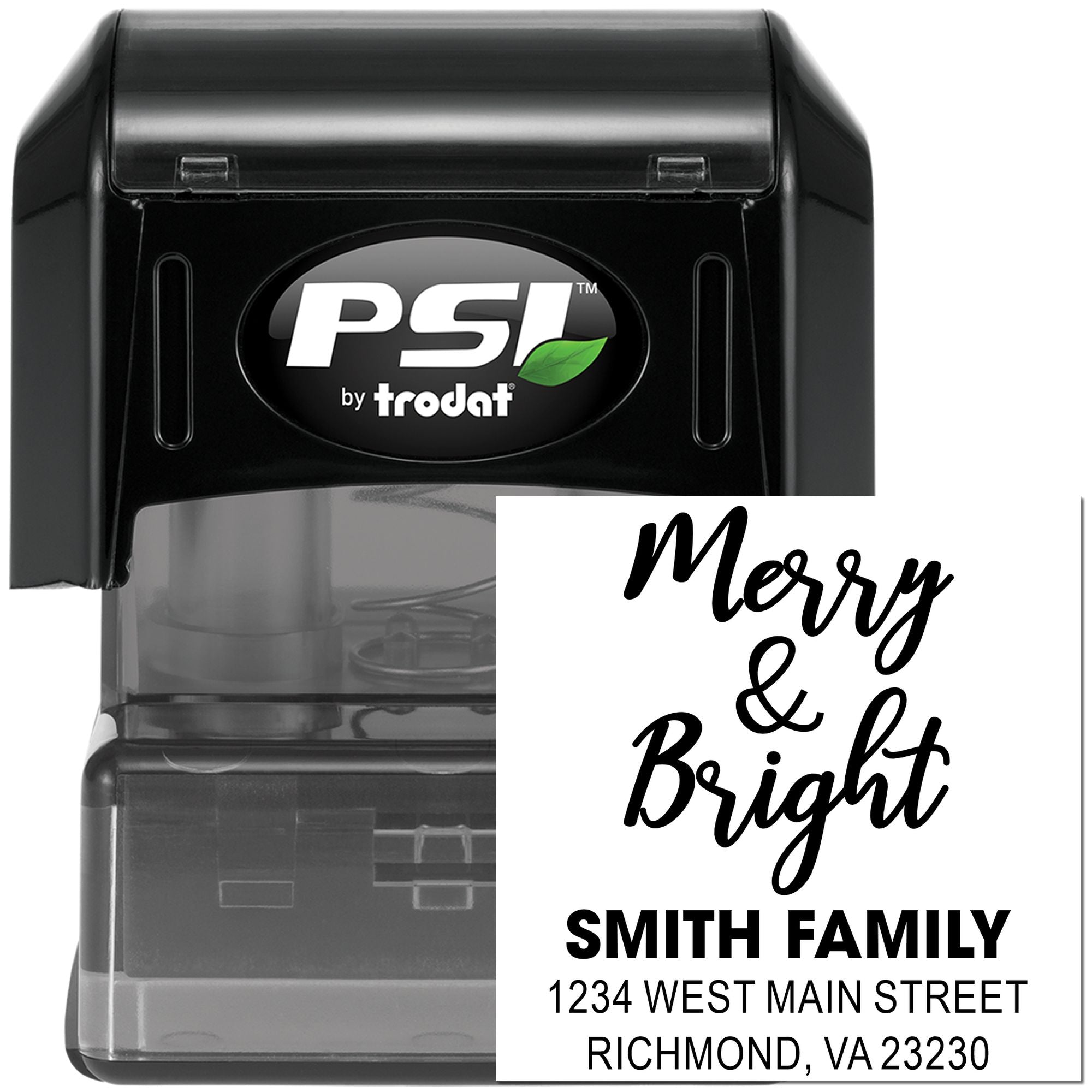 PSI by Trodat custom self-inking rubber stamp with Merry & Bright holiday return address for Smith Family.