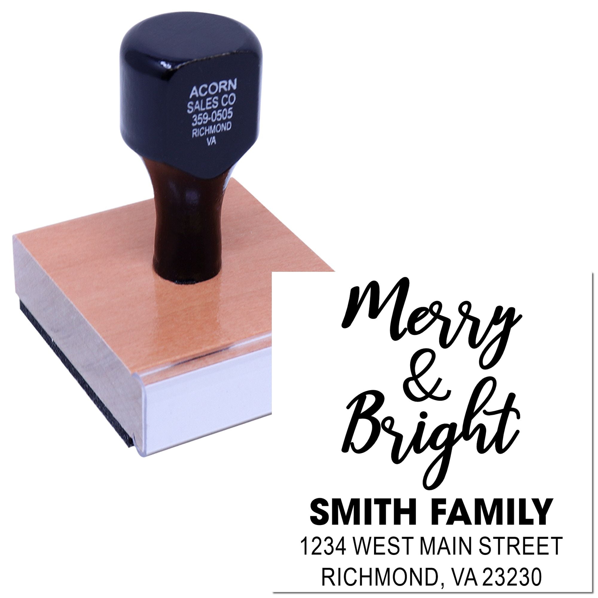 Custom rubber address stamp with Merry & Bright design for Smith Family holiday mail and return address imprint