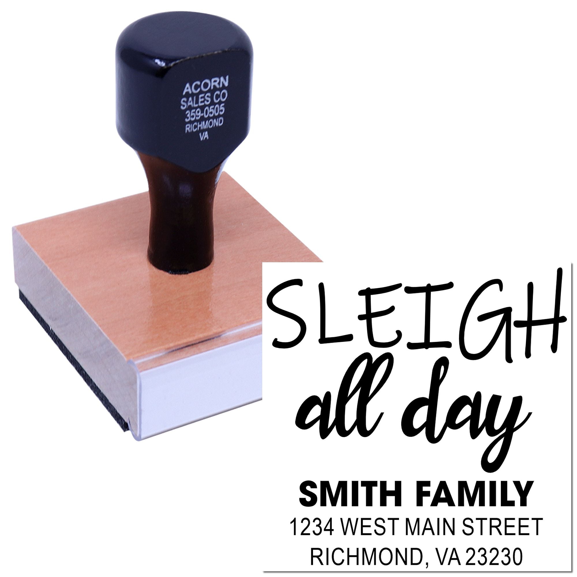 Personalized self-inking rubber stamp with Sleigh all day holiday design and Smith Family return address.