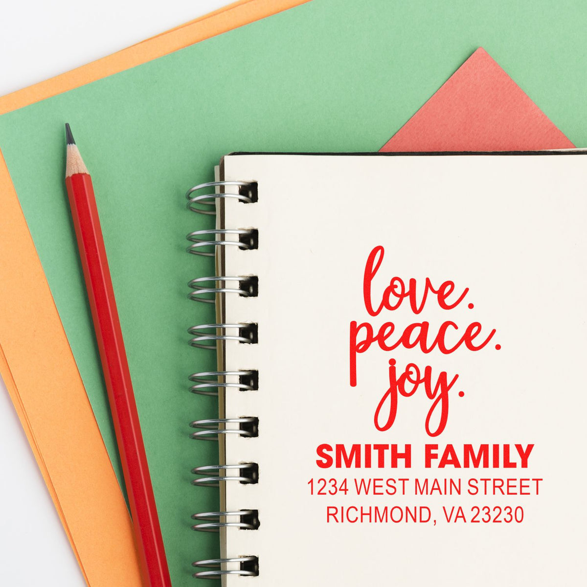 Personalized family return address rubber stamp with love, peace, joy design for stationery, cards, and gifts.