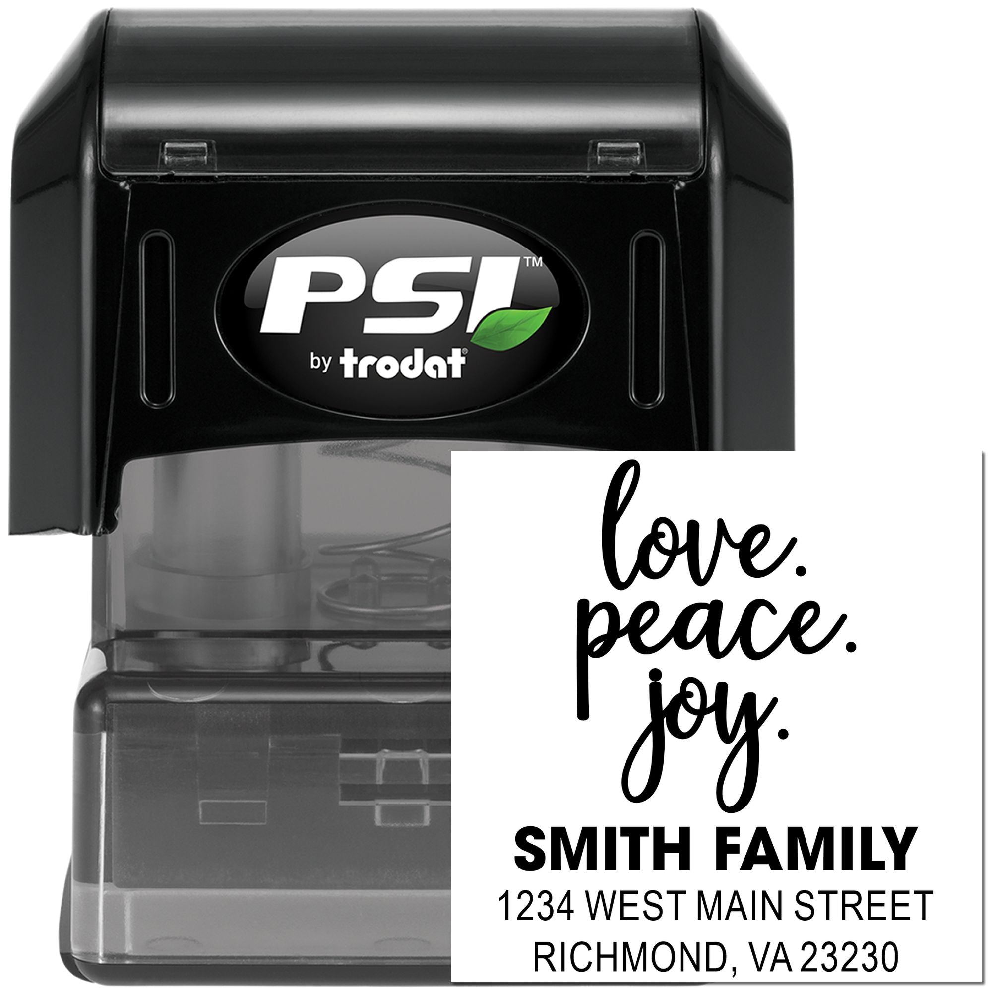 Custom self-inking rubber address stamp with love. peace. joy. for the Smith family, PSI by Trodat.