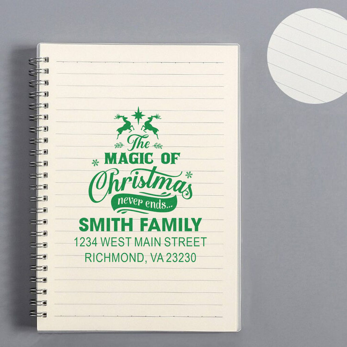 Custom Christmas address rubber stamp with holiday message, Smith Family name, and return address for cards and stationery.